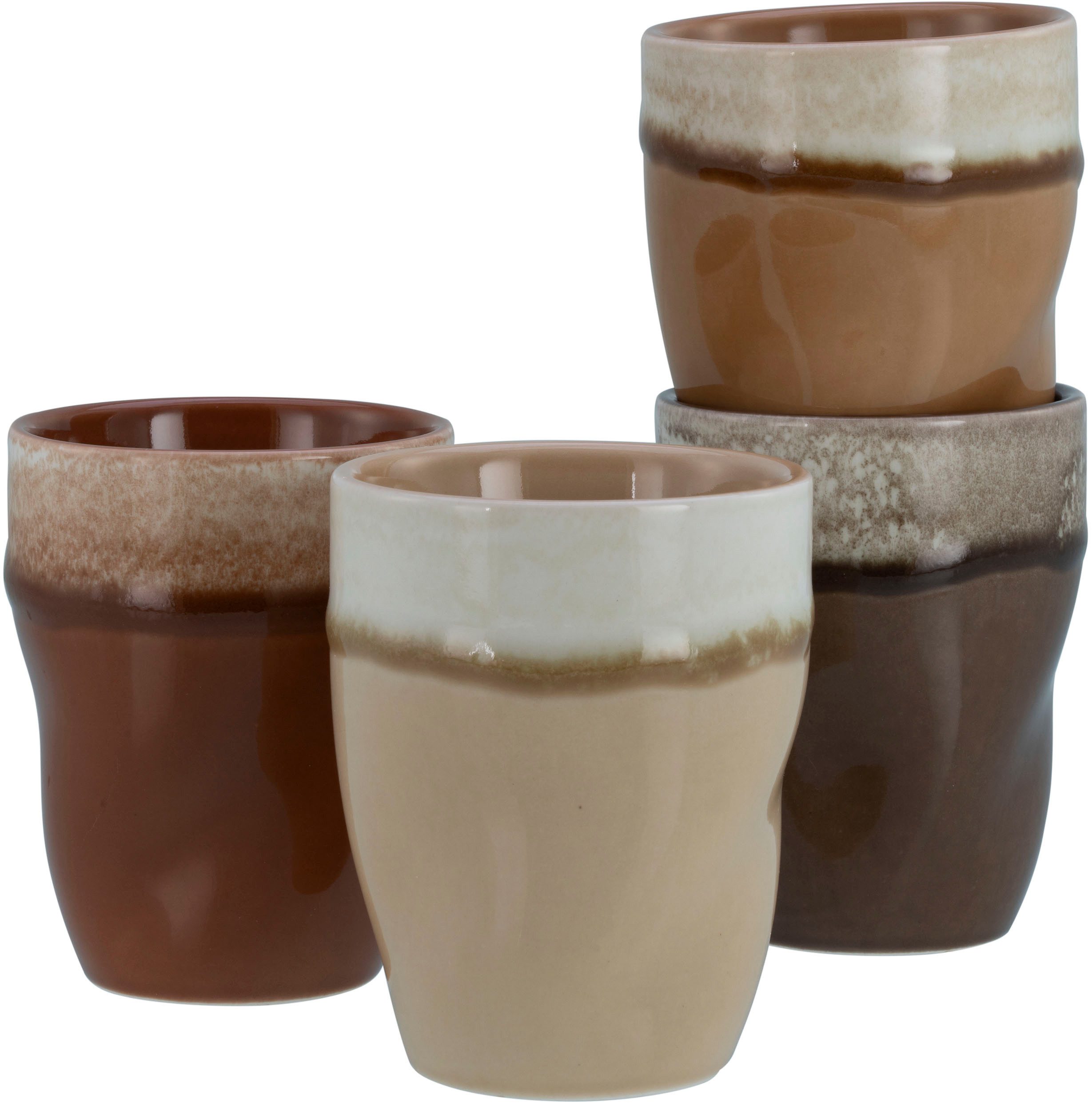 CreaTable Becher Squeezy Mocha Mousse, Kaffeebecher 4-tlg, 4-tlg., Steinzeug, Einzigartige Optik, Reaktivglasur