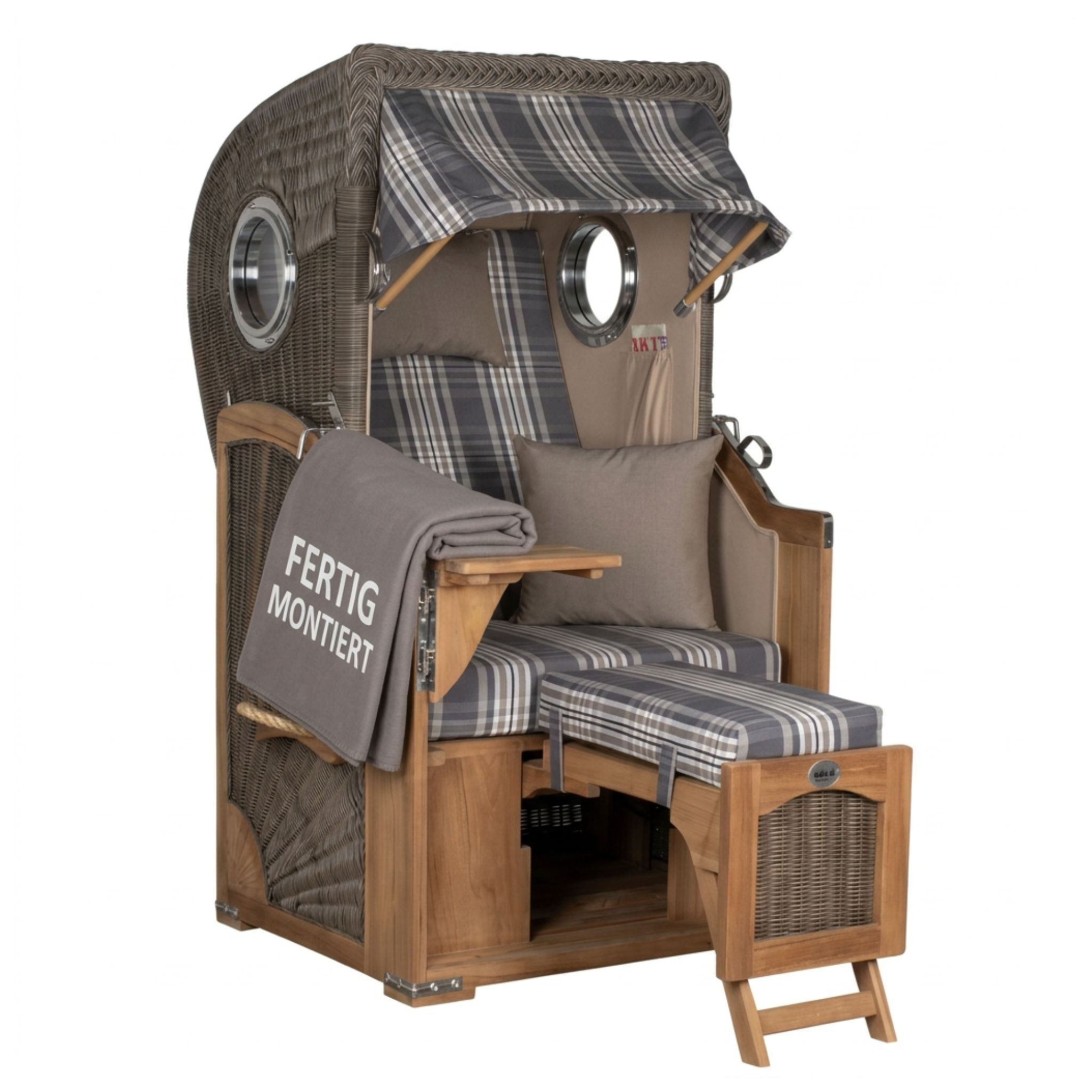 MR.DEKO Strandkorb Düne Single 1-Sitzer Bullauge Teak PE-Geflecht Grey 96x165x80, BxTxH: 96x80x165 cm, Vollieger, Düne Single, (Fertig montierter Strandkorb für Garten, Terrasse & Balkon, 1-tlg), Wetterfester Volllieger mit Edelstahlbeschlägen & waschbaren Polstern