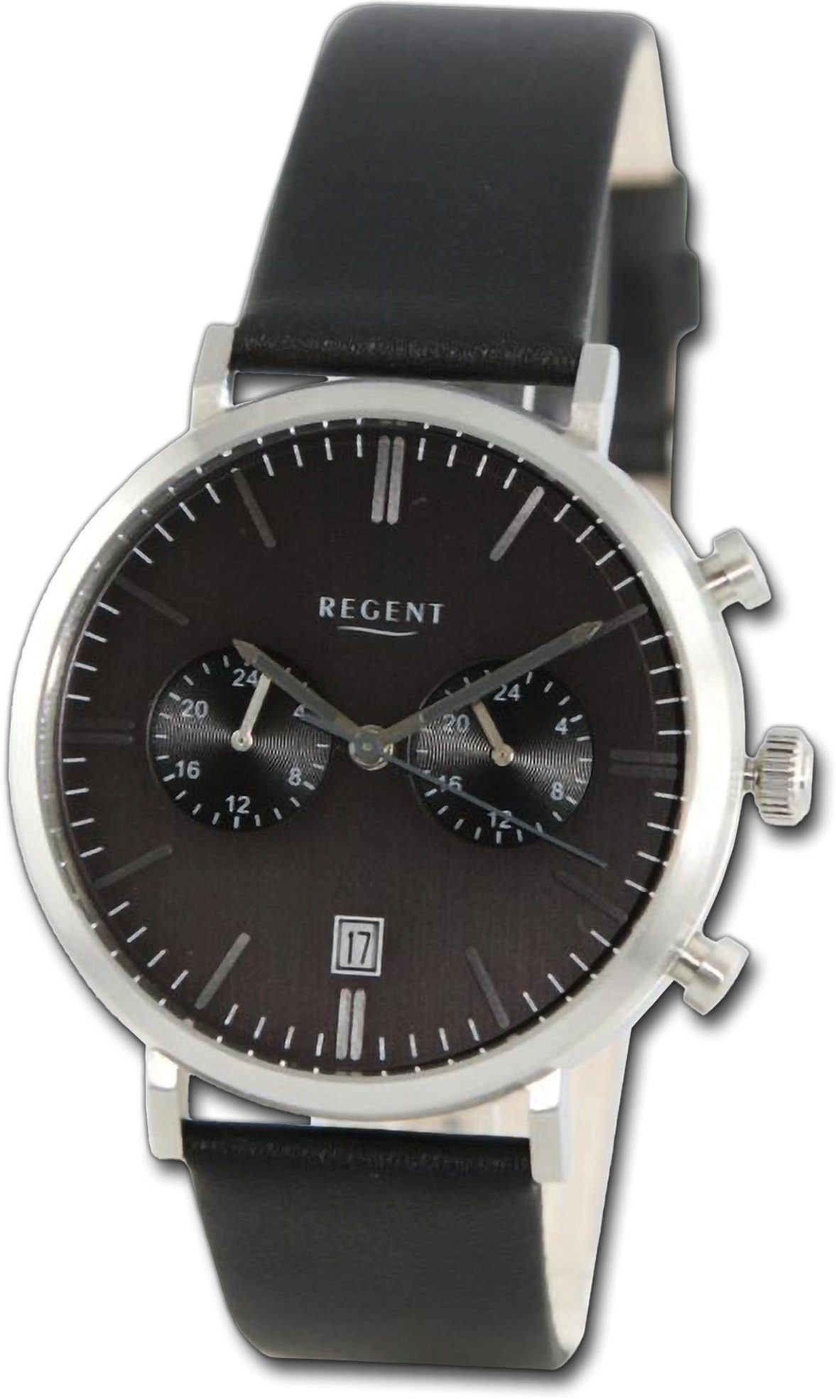 Regent Quarzuhr Regent Gehäuse, schwarz, Armbanduhr Lederarmband Herrenuhr rundes Herren groß (ca. 41mm) extra Analog