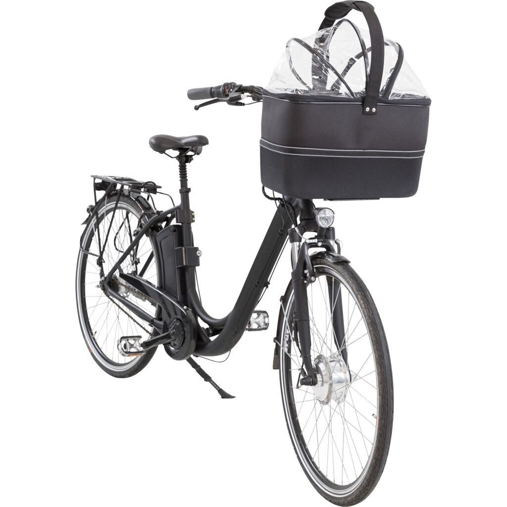 TRIXIE Hunderegenmantel Hundefahrradkorb vorne mit Netzhaube und Regenhaube - schwarz - 41 × 4