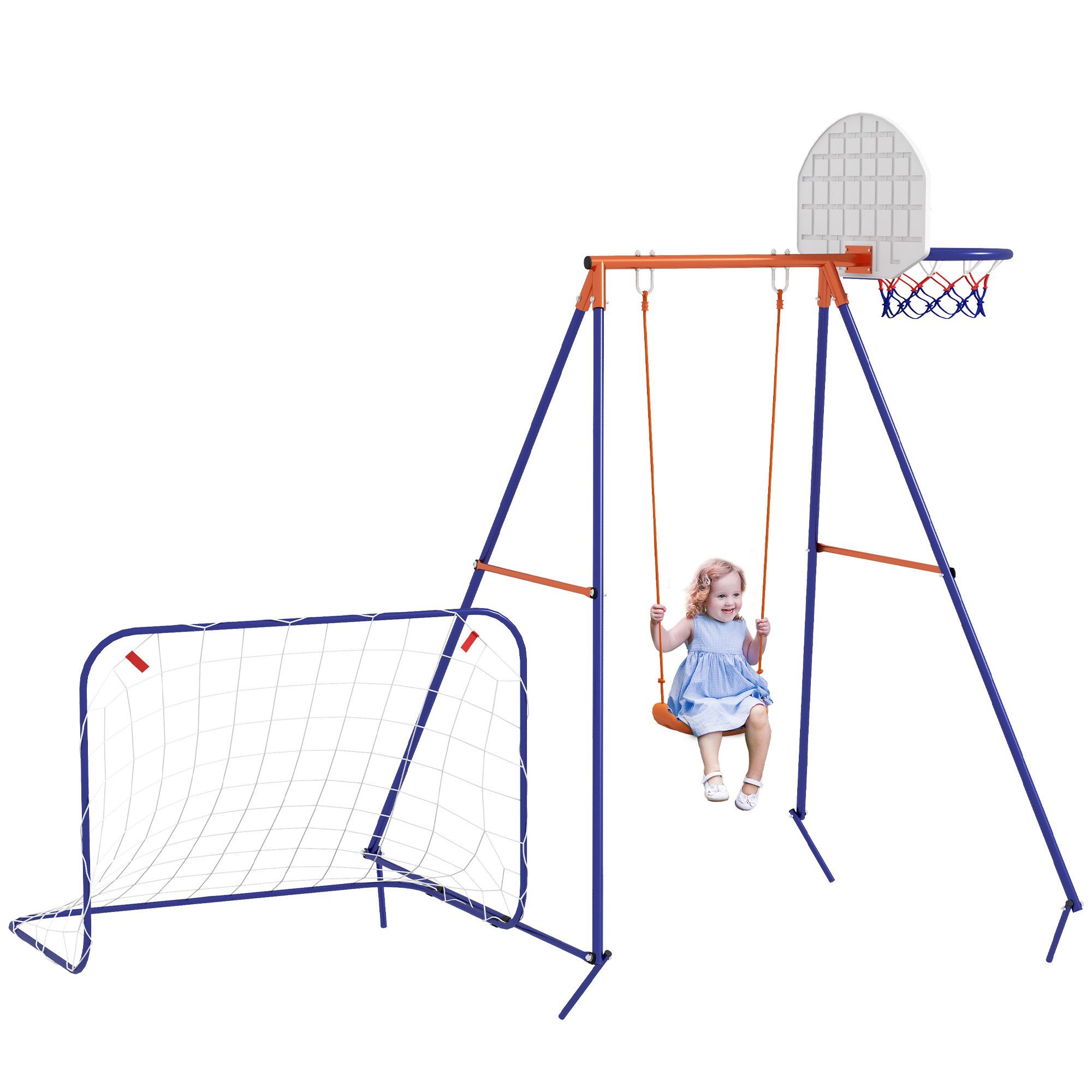 Outsunny Einzelschaukel Kinderschaukel mit Fußballtor, Basketballkorb, (Schaukel-Set, 1-tlg., Gartenschaukel), für Garten, Balkon, Dunkelblau+Orange