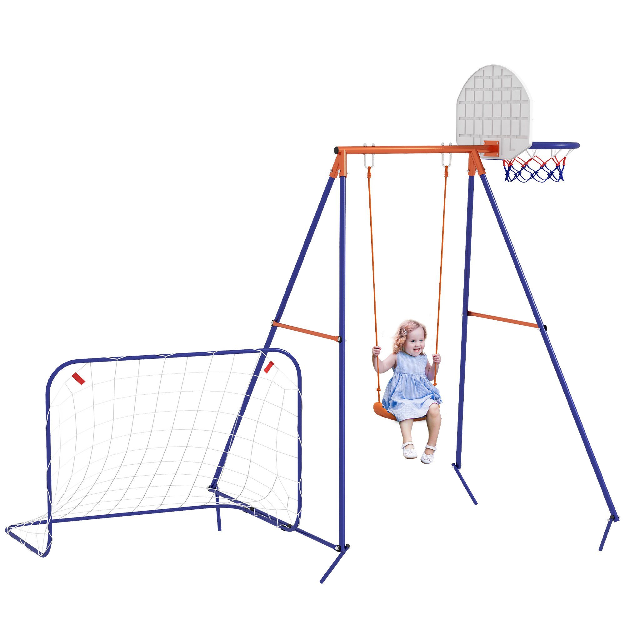 Outsunny Einzelschaukel Kinderschaukel mit Fußballtor, Basketballkorb, (Schaukel-Set, 1-tlg., Gartenschaukel), für Kinder 3-8 Jahre, Stahl, Dunkelblau