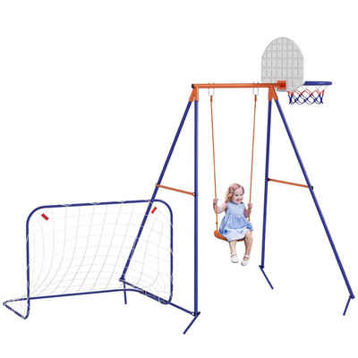 Outsunny Einzelschaukel Kinderschaukel mit Fußballtor, Basketballkorb, (Schaukel-Set, 1-tlg., Gartenschaukel), für Kinder 3-8 Jahre, Stahl, Dunkelblau