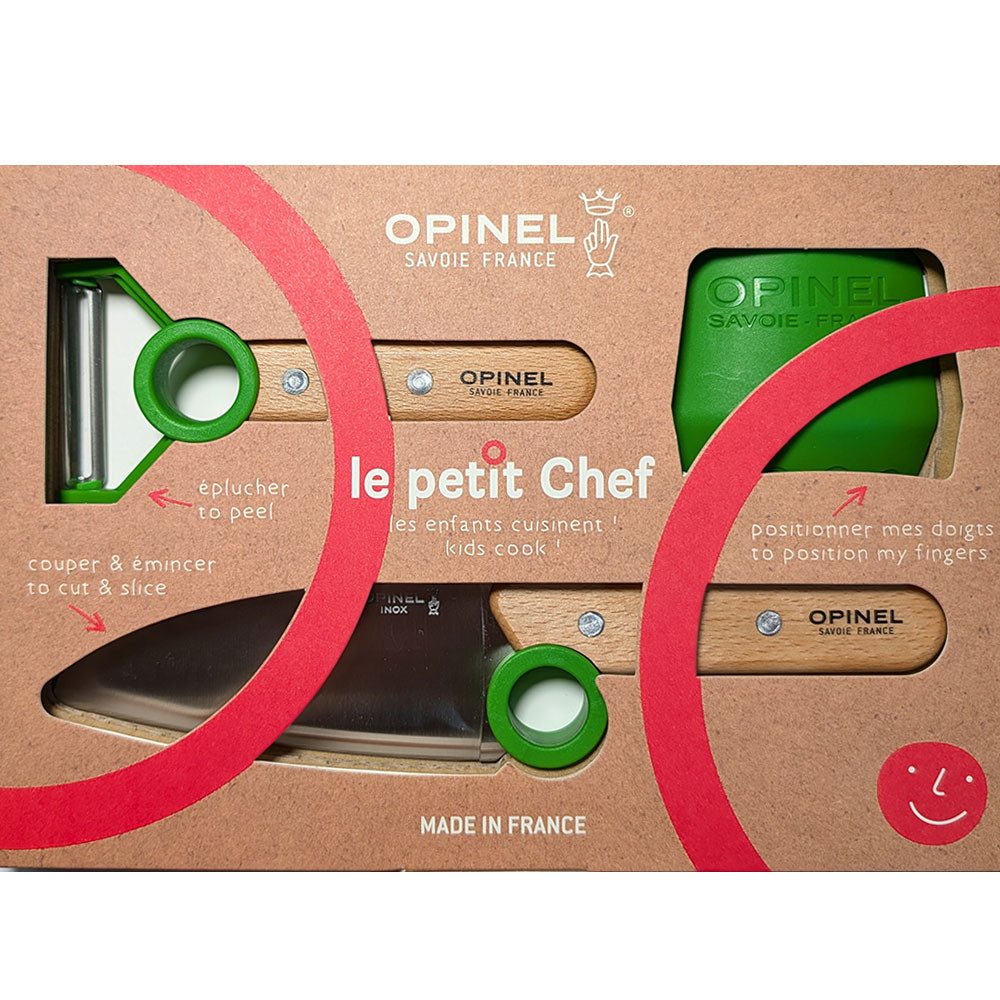Opinel Kinderkochmesser LE PETIT CHEF Kinder Küchen-Set 3 teilig - Grün, abgerundete Klinge, Fingerschutz