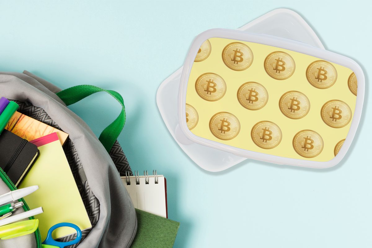 für Lunchbox Gelb, und Bitcoin (2-tlg), Brotdose, - und für - Gold - Jungs MuchoWow Brotbox Erwachsene, Muster Mädchen weiß Kinder Kunststoff,
