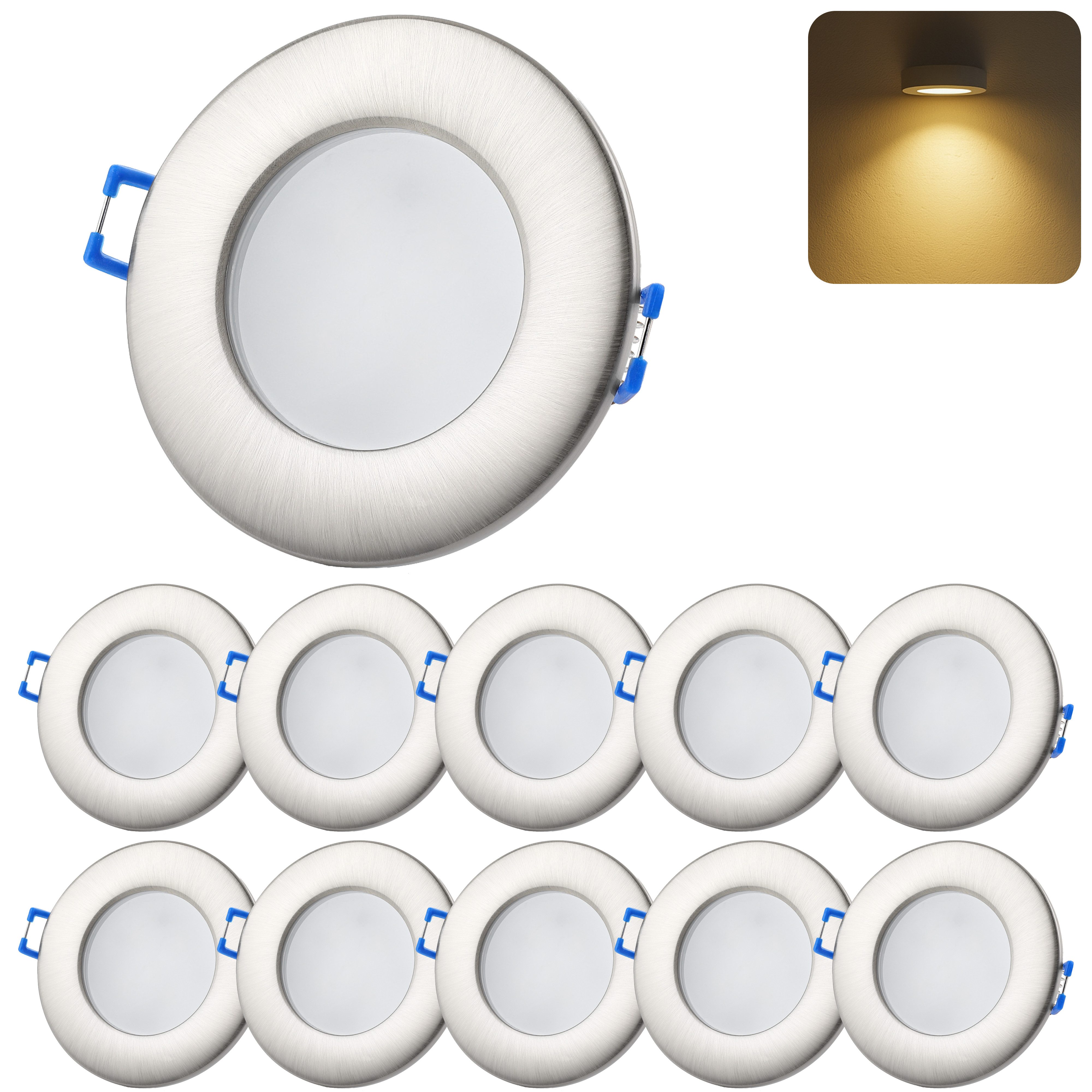 Sweet LED LED Einbaustrahler 10er SET IP44 Bad 6,5W 230V 3000K LED Einbauspots Chrom flach Warmweiß, 3000K, Warmweiß, Deckenspots, Ø 85 mm, Einbauleuchten