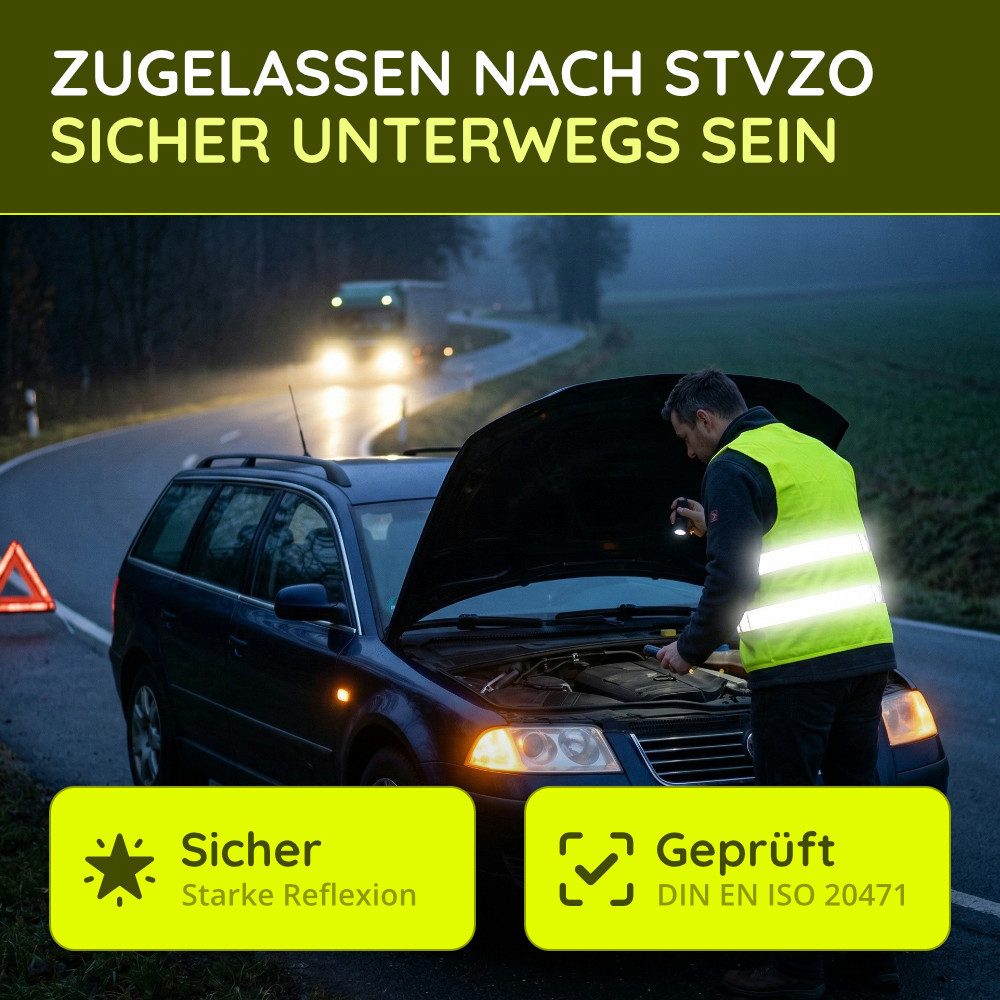 FLEXEO Warnweste DIN EN ISO 20471 (8-tlg) Sicherheitsweste fürs Auto PKW