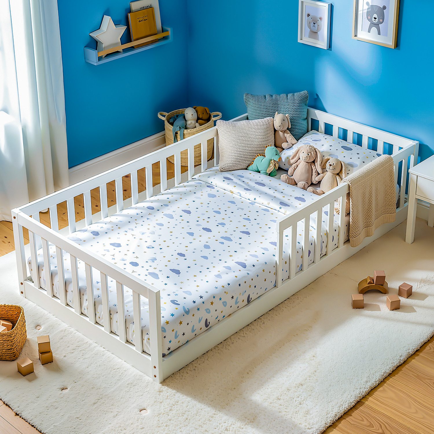 oyajia Kinderbett Bodenbett bis 200kg belastbar mit abnehmbarem Rausfallschutz, 90x200cm (Bett mit Rausfallschutz Bettrahmen aus Kiefer), Rausfallschutz & Lattenrost