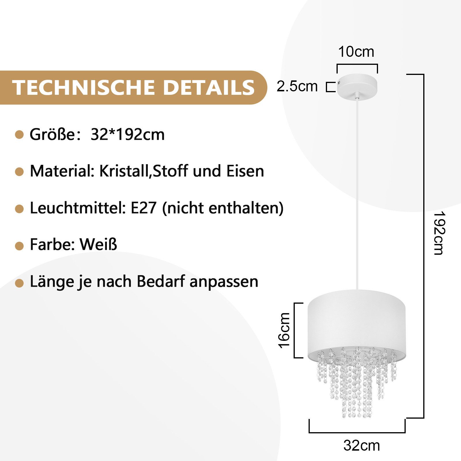 ZMH Pendelleuchte Esszimmer E27 Modern Kristall Stoff Hängeleuchte Wohnzimmer Flur, Einfache Installtion, ohne Leuchtmittel, 192CM Höhenverstellbar Hängend Pendellampe Schlafzimmer