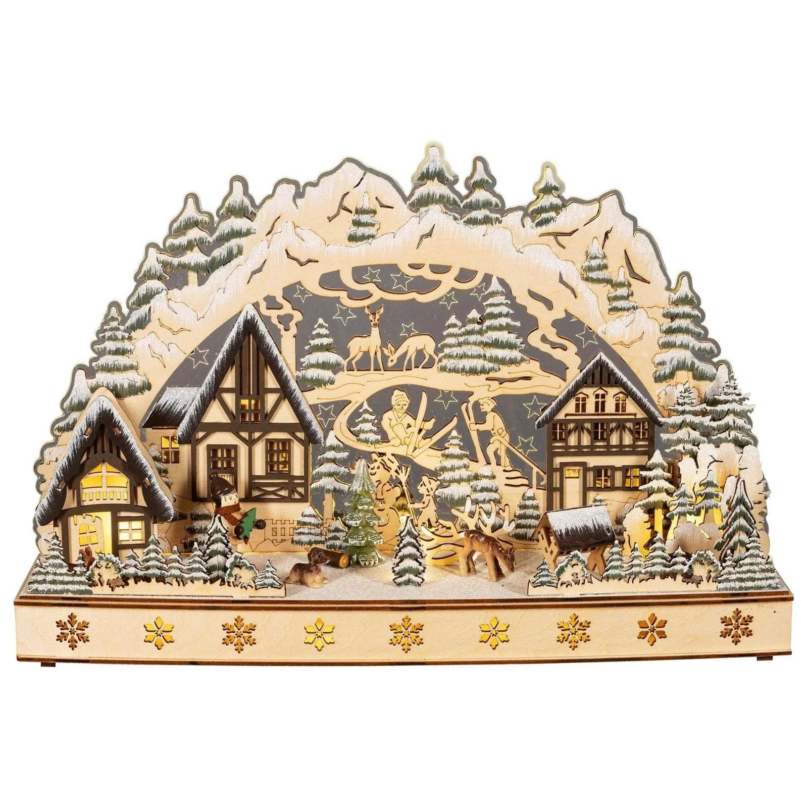 HGD LED Lichterbogen Bergdorf - liebevoll gestaltete Winterlandschaft - aus Holz gefertigt, dekorativer Blickfang und elegante Geschenkidee für die Weihnachtszeit