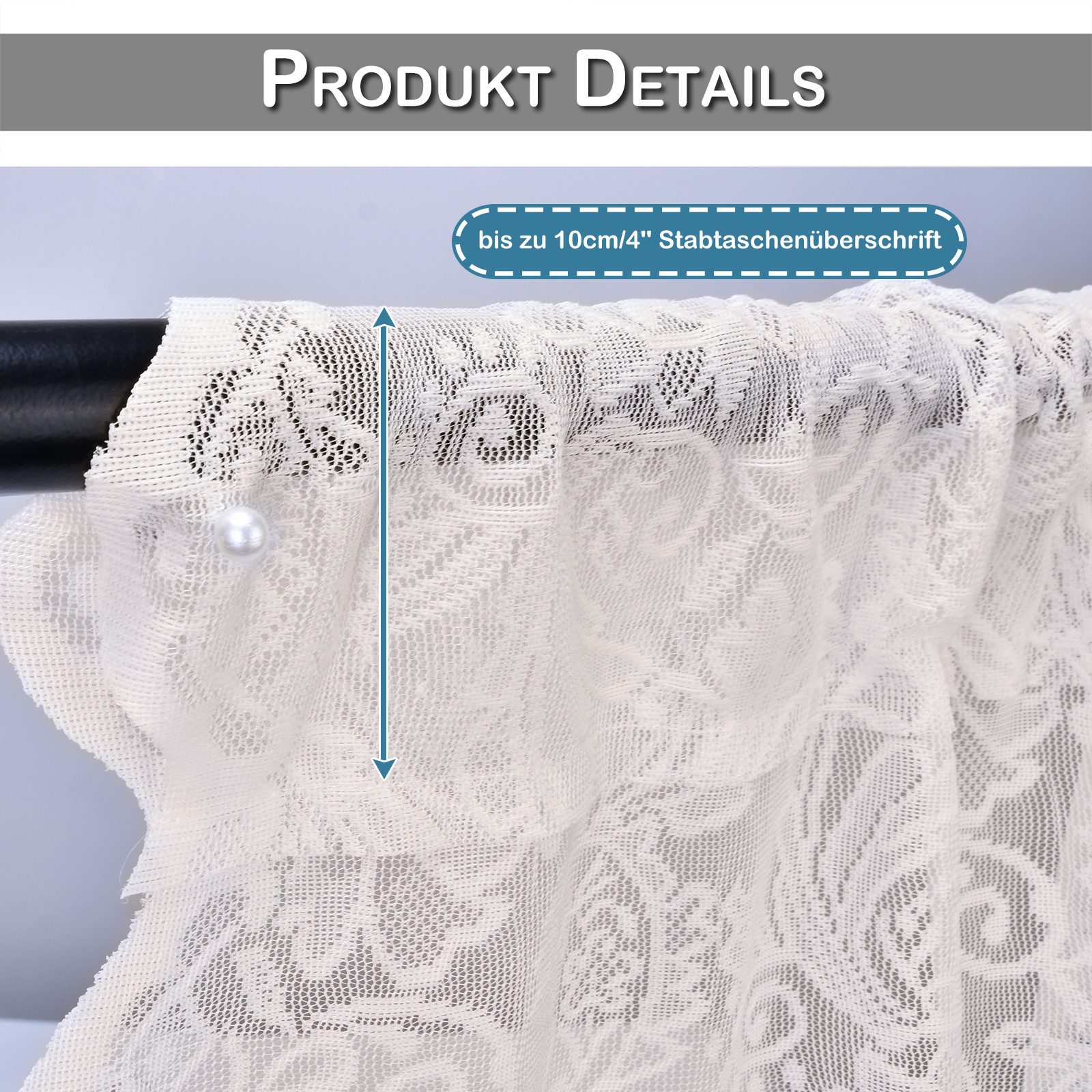 Sunicol Gardine Stickerei Spitze Voile Gardinen, Transparent Vorhang mit Perle, Weiß (1 St), Kräuselband, Vorhänge für Wohnzimmer Schlafzimmer – Bild 4 von 5