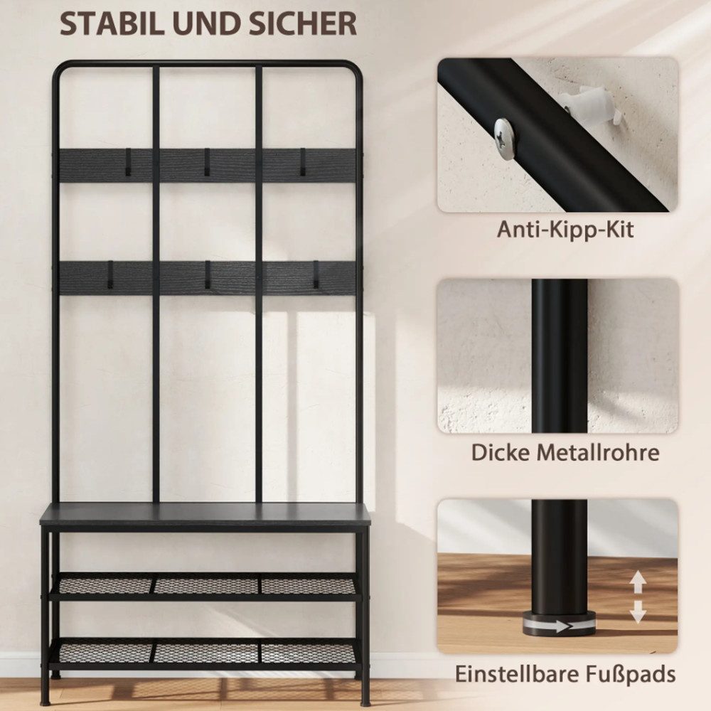 XDeer Garderobenständer 3-in-1 Garderobenständer, Schuhregal, Kleiderhaken, Sitzbank, Schuhregal, Metall, Schwarz