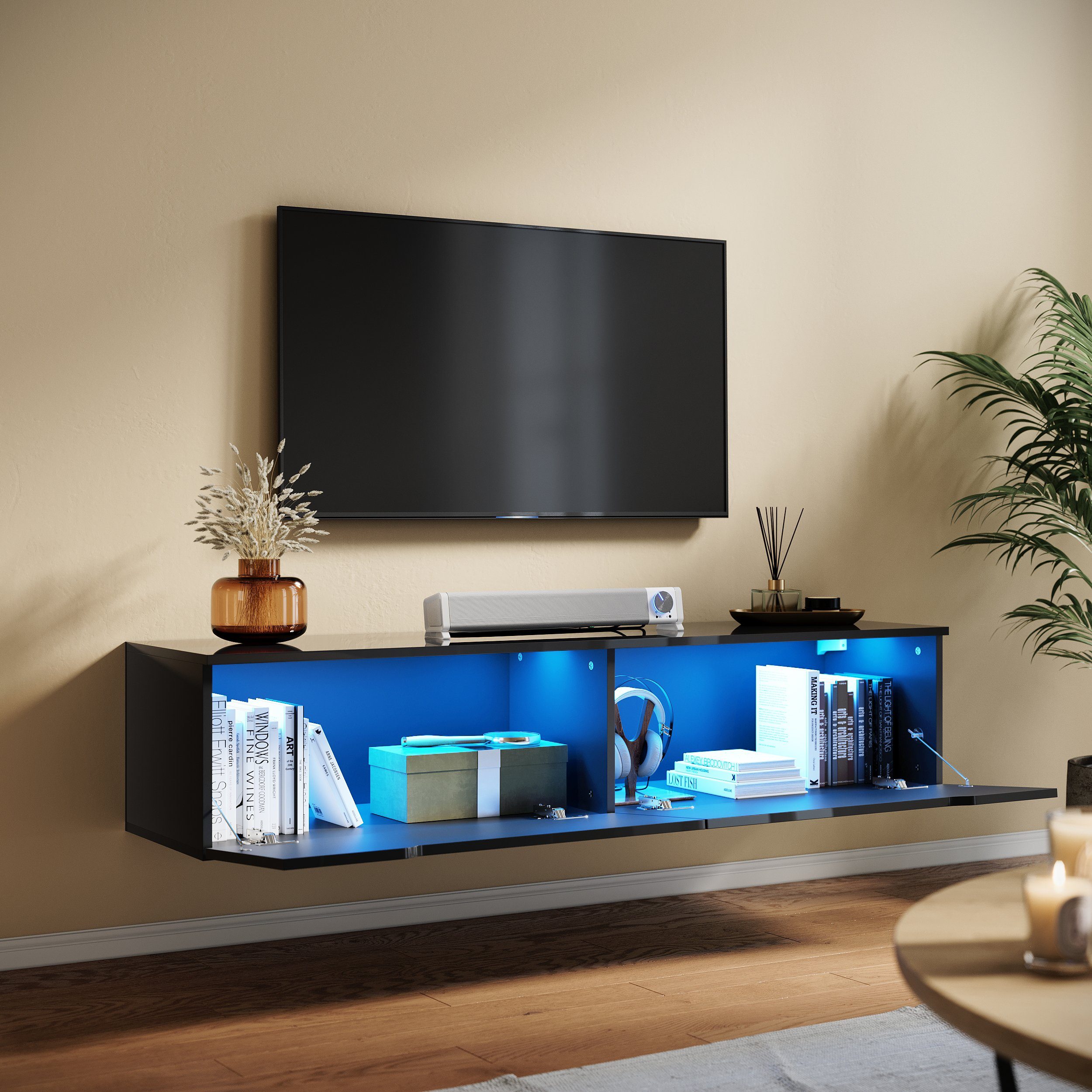 Schwarzer SONNI TV-Schrank Sideboard SONNI 140x35x30cm Hochglanz, Lowboard LED-Beleuchtung, mit Board TV hängend TV