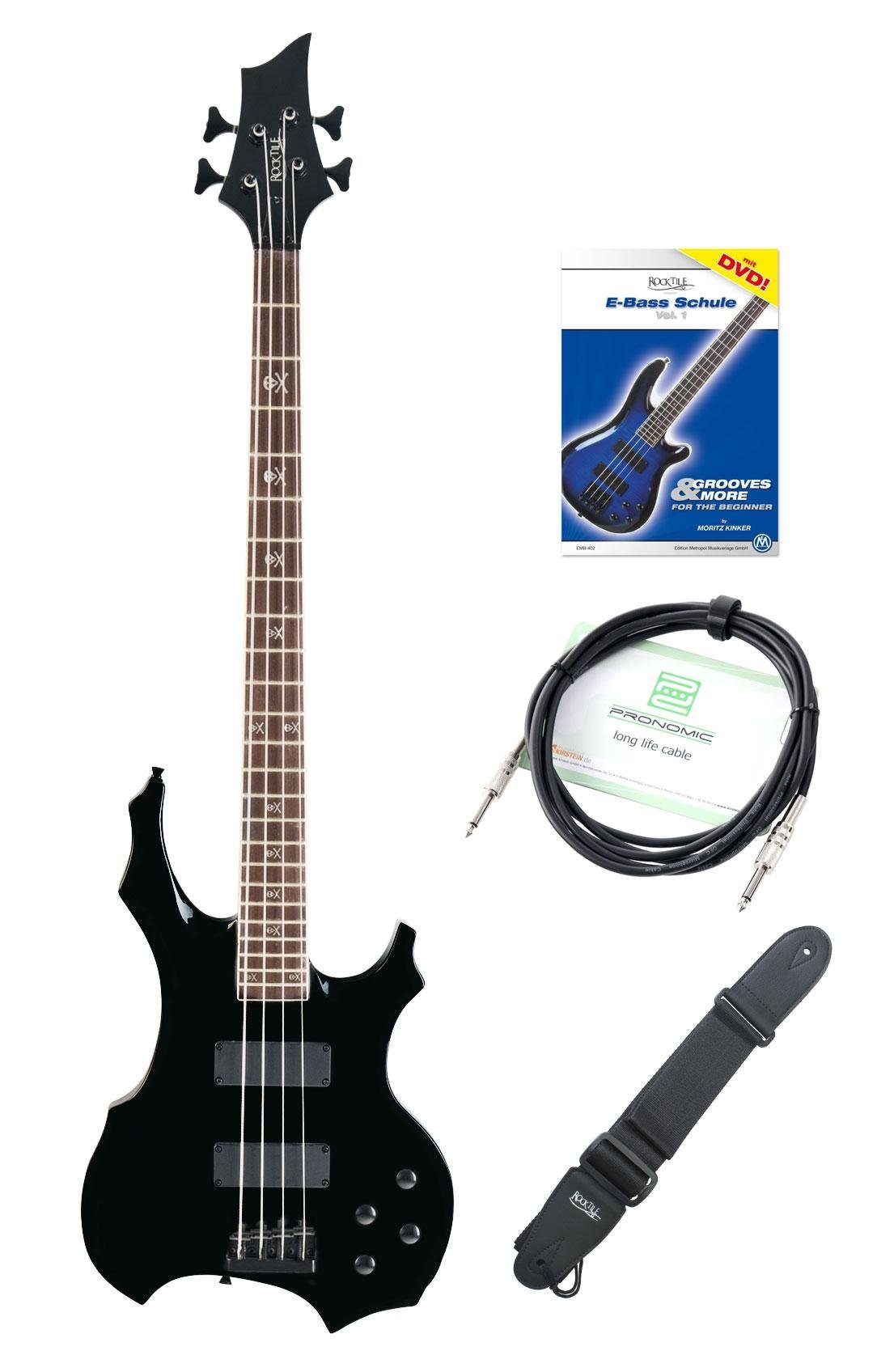 Rocktile E-Bass Pro BB104-B BattleBone Bassgitarre, Heavy-Design, Spar-Set, inkl. Tasche, Gitarrenkabel und Gurt, Skull Dots Inlays - 2 Humbucker Tonabnehmer