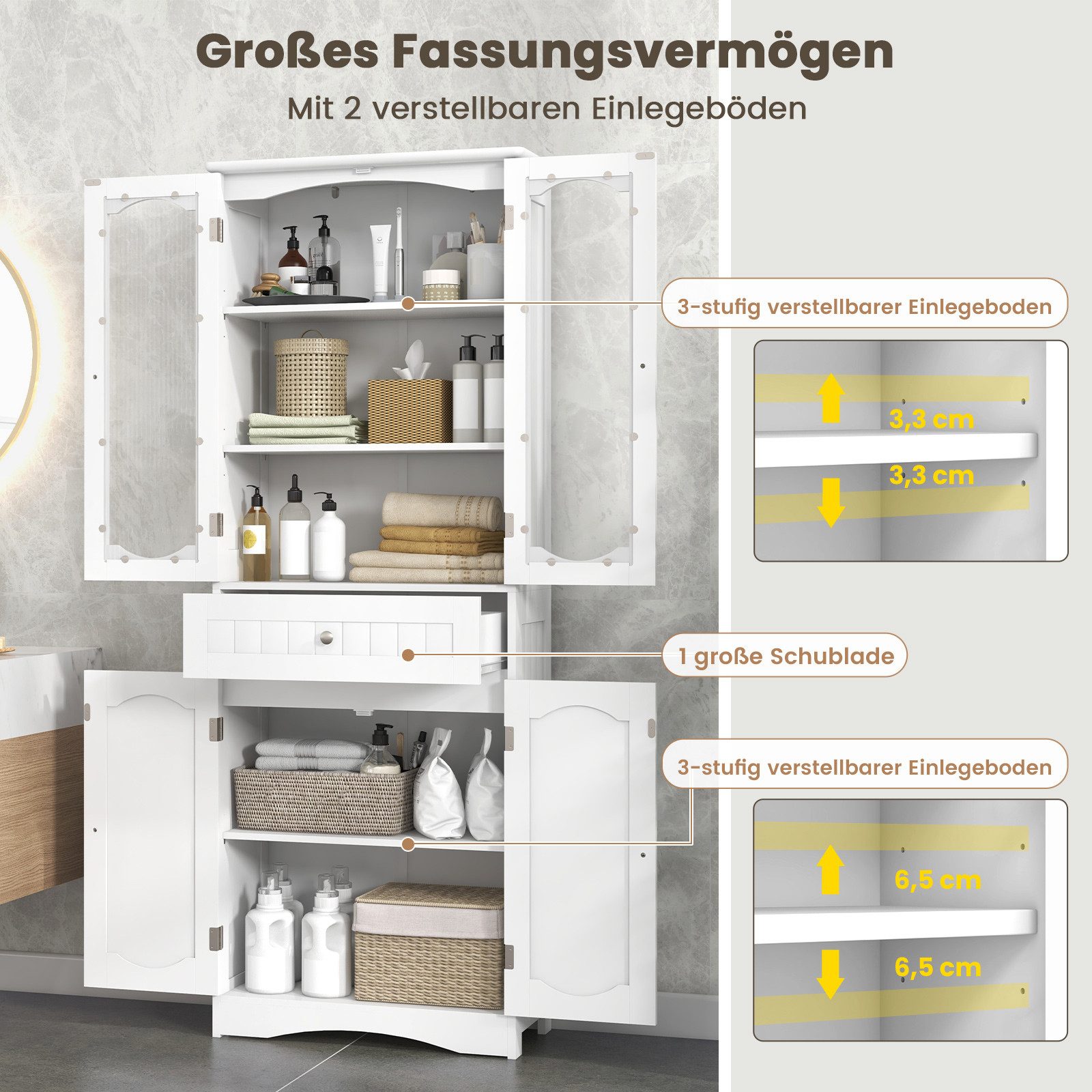 COSTWAY Hochschrank Bad, Vorratsschrank mit verstellbarem Einlegeboden, schwarz