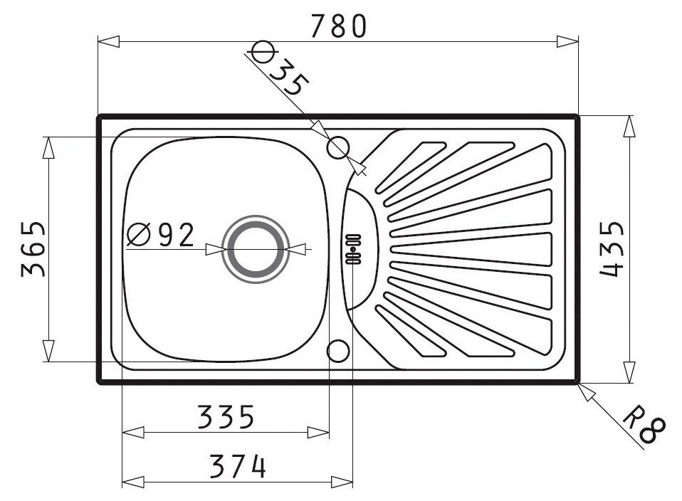 Pyramis Margarita stainless steel sink, rectangular, 78/43.5 cm