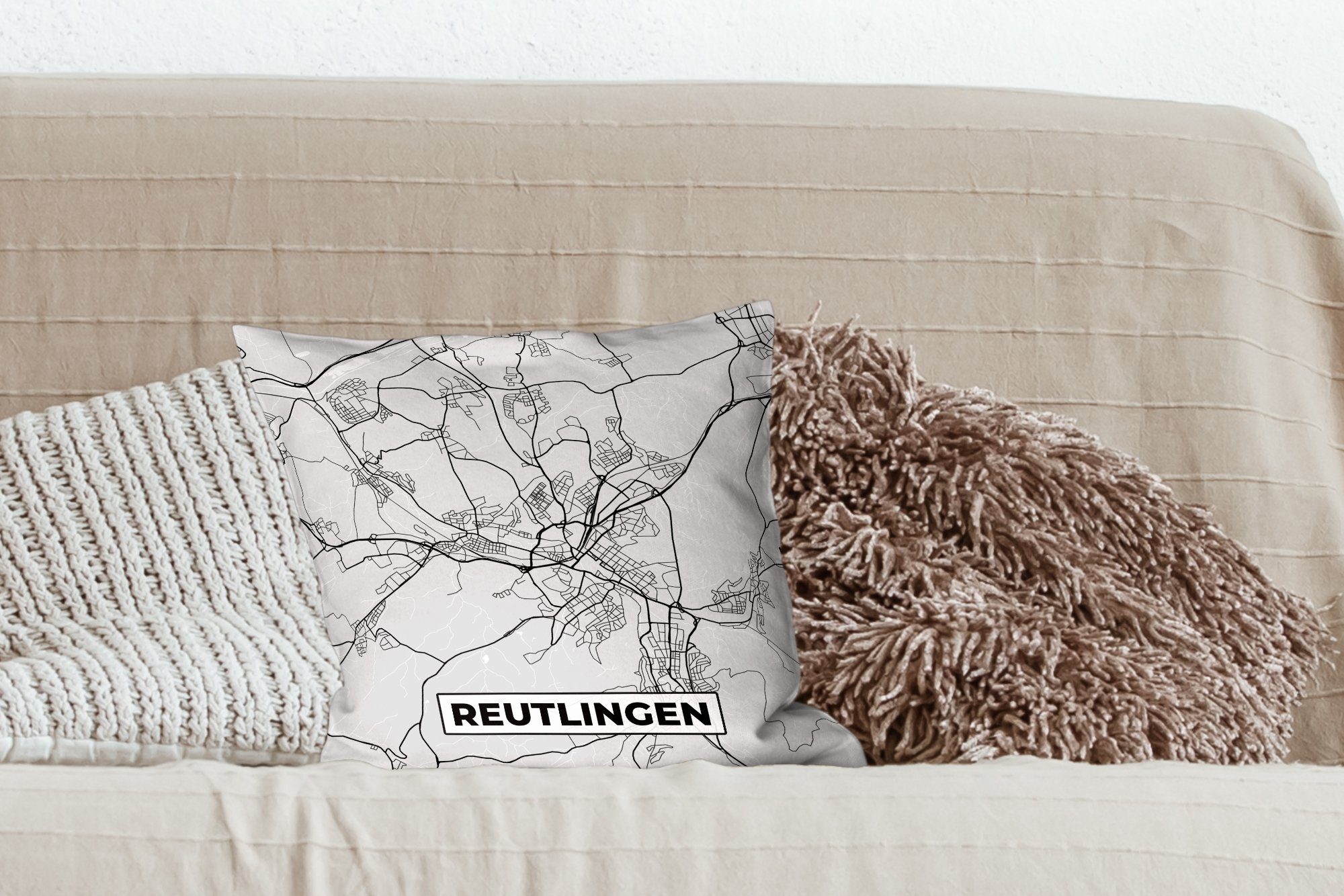 - MuchoWow Schlafzimmer, Sofakissen - Karte Füllung Deko, - Stadtplan Deutschland Wohzimmer, Zierkissen mit Reutlingen, Dekokissen für