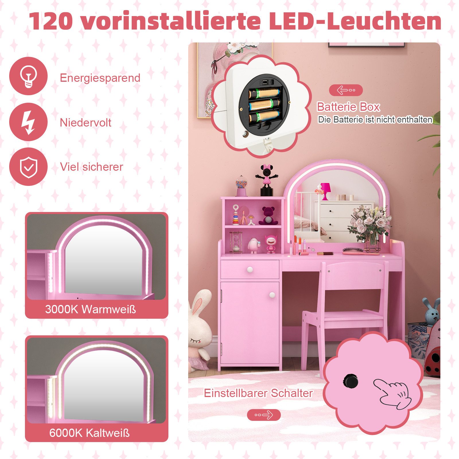 COSTWAY Schminktisch Kinder, mit Stuhl & LED Spiegel & Schublade, ab 3 Jahre
