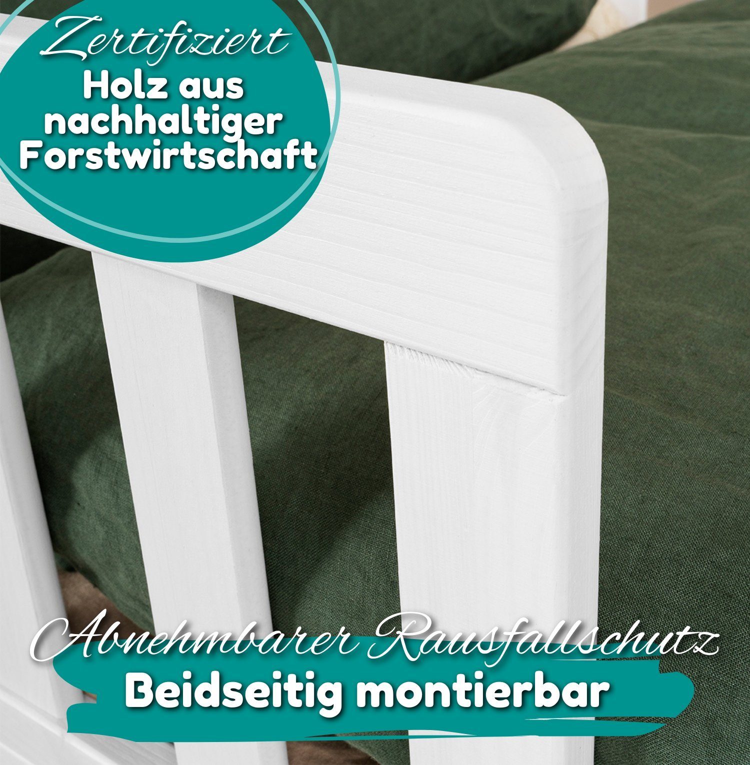 Rausfallschutz (Kinderbett ohne CLOUD Kiefernholz - Weiß Massivholzbett Rosa FSC Matratze, Home® Rosa zertifizierter 90x200 Hausbett und ohne Alavya KOMPLETT Schubladen, massivem SET Deko Set Jugendbett inkl. Lattenrost, ohne und Schubladen mit 200x90 Matratze I Dekoset cm), mit Schubkästen und cm Liegefläche - KOMPLETT aus