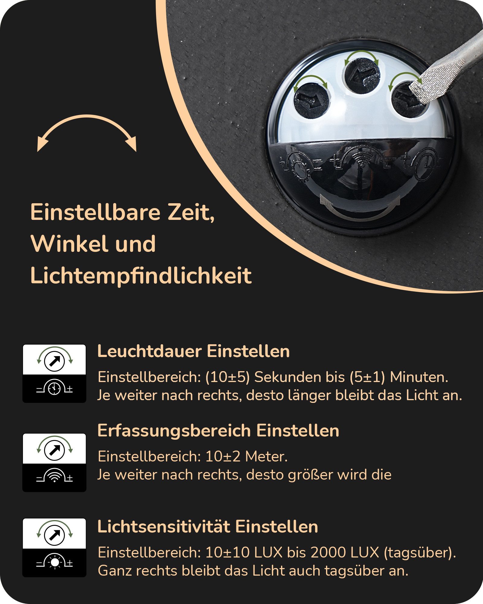 EDISHINE Außen-Wandleuchte mit Bewegungsmelder, für Terrasse Garten Eingang, ohne Leuchtmittel, Aluminiumgehäuse, IP44, E27 Fassung, Schwarz – Bild 4 von 5