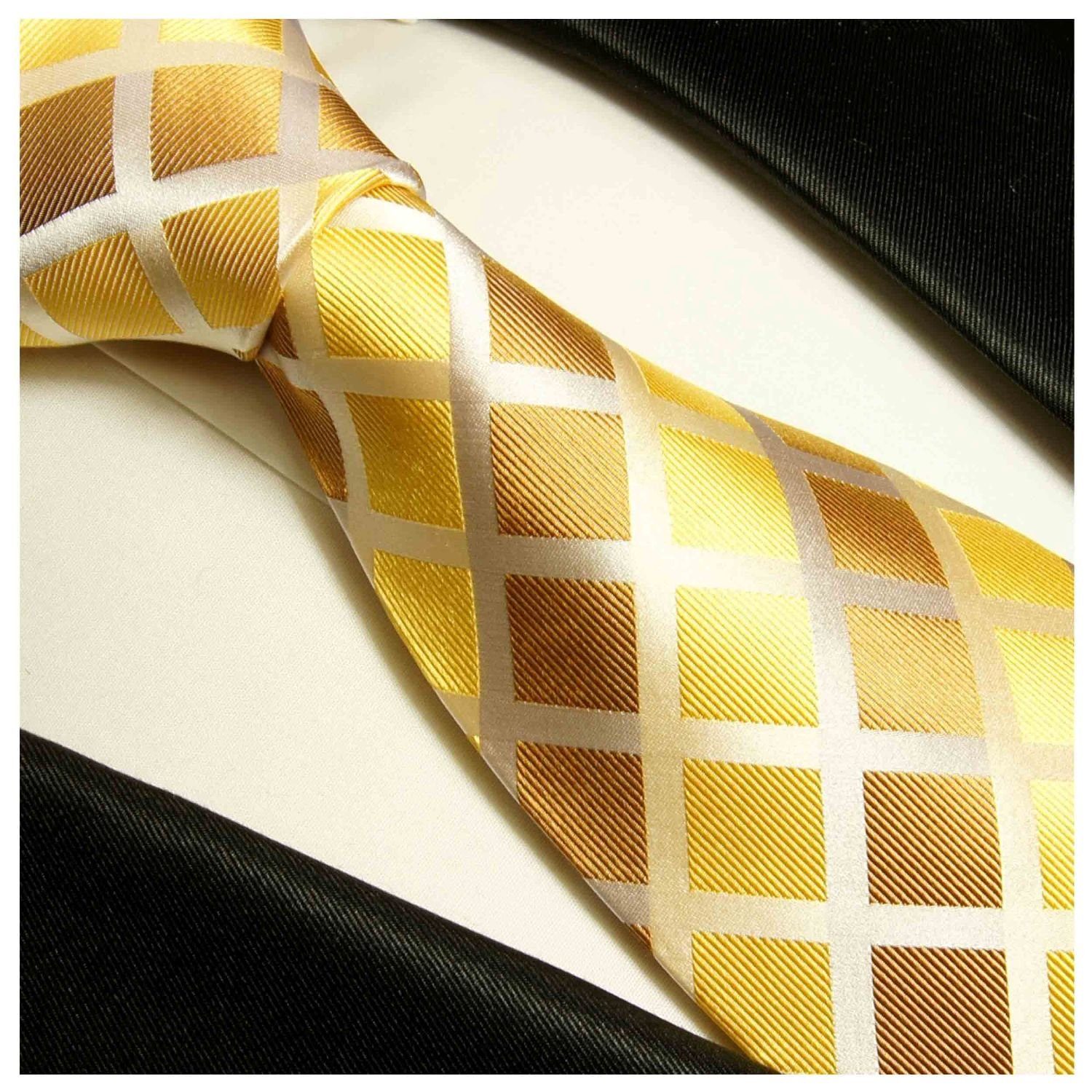 100% Einstecktuch) Tuch kariert modern Krawatte (6cm), Herren Krawatte Paul (Set, Schmal Seidenkrawatte Seide Malone 2-St., 484 braun gold mit mit