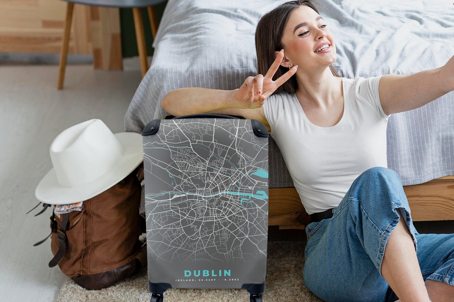 mit Dublin Trolley, MuchoWow Handgepäck 4 Reisetasche für Ferien, Handgepäckkoffer - Reisekoffer Rollen, rollen, - - Stadtplan Karte Blau,