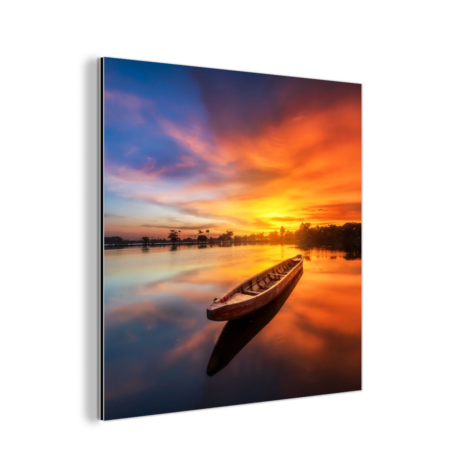 MuchoWow Metallbild Boot - Wasser - Sonnenuntergang - Orange - Wasser, Inkl. Aufhängung, Alu-Dibond-Druck, Wandbild aus Metall, Aluminium deko, 20x20 cm