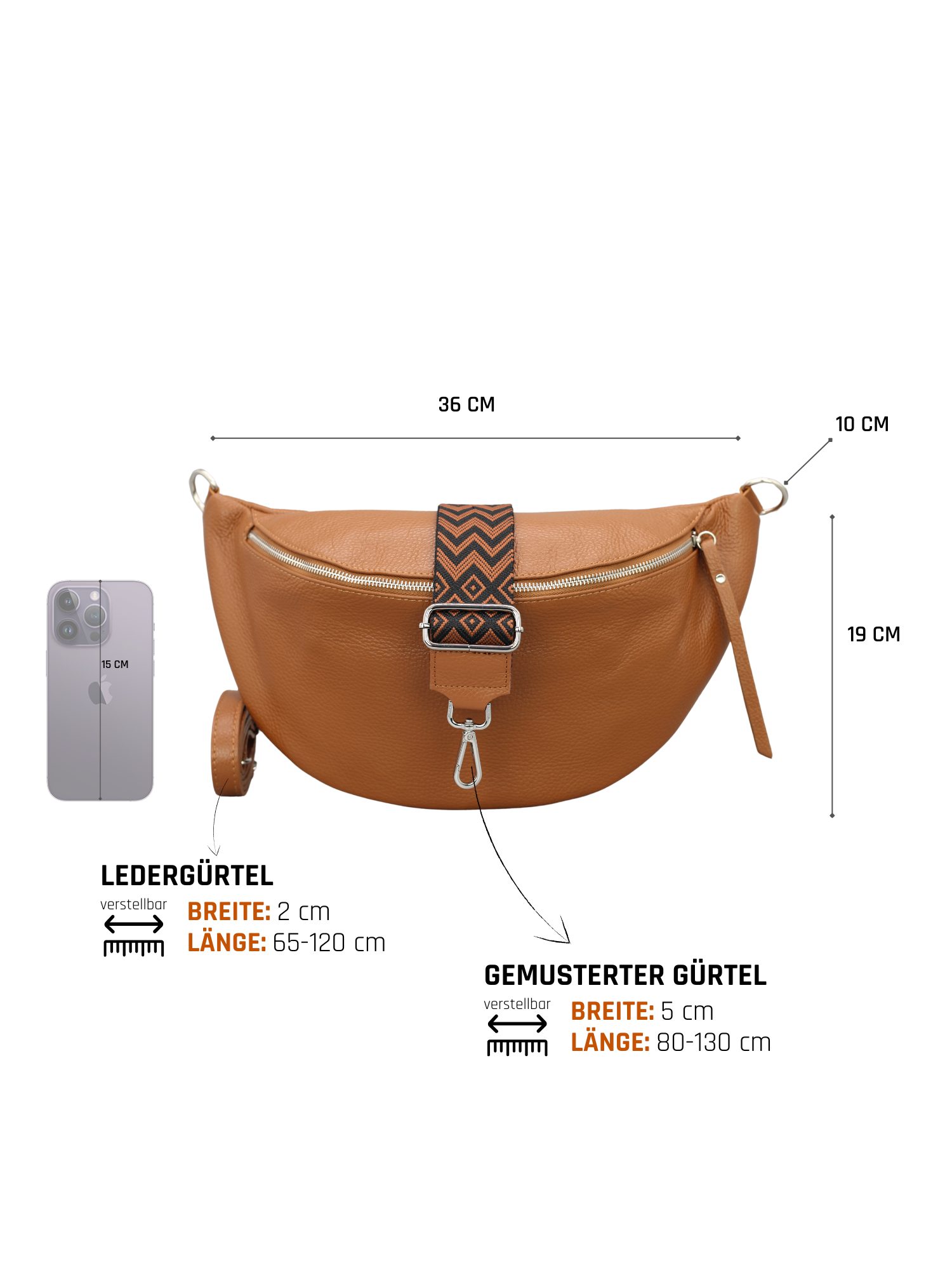 Adel Bags Schultertasche EMMA XL Umhängetasche Crossbody Bag Gürteltasche mit 2 Riemen, echtes Leder, hergestellt in Italien