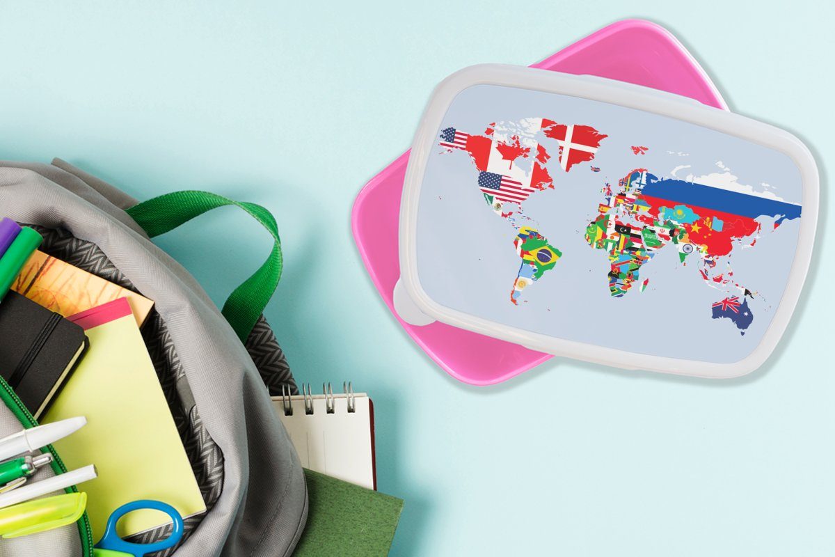 Kunststoff, Lunchbox Kinder, Flagge Welt Karte Mädchen, Kunststoff für MuchoWow Erwachsene, - Brotdose Brotbox - rosa Snackbox, Länder, (2-tlg), -