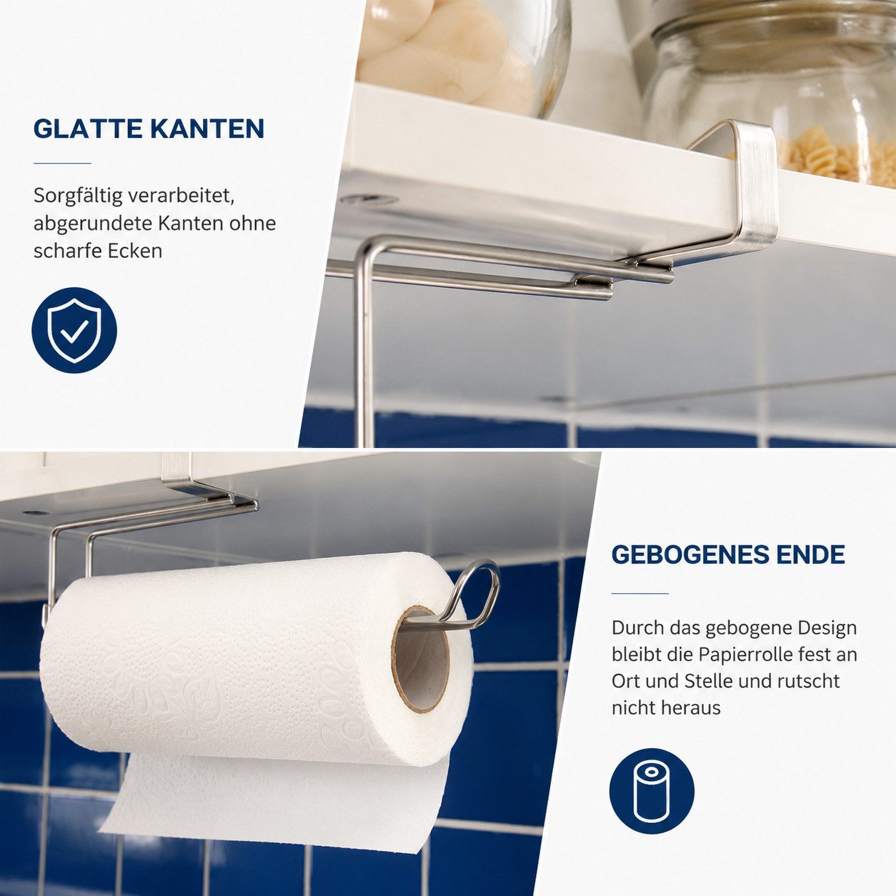Diwzbyn Toilettenpapierhalter Küchenrollenhalter 2er Set, Edelstahl, Zum Einhängen, Ohne Bohren, passend für Schrankböden in Küche & Bad – Bild 5 von 5