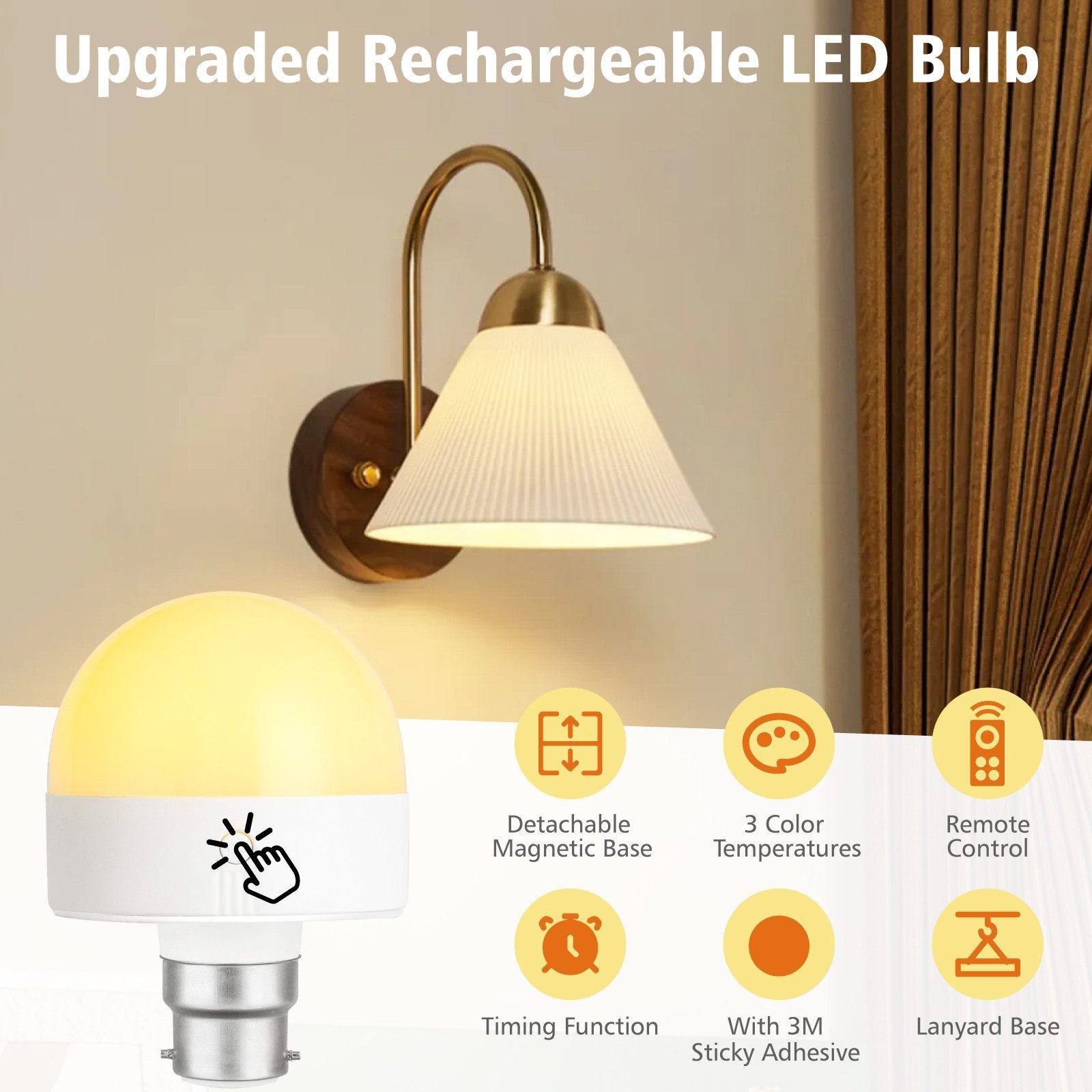 Ophy LED-Leuchtmittel Wiederaufladbare LED-Glühbirne B22 mit Magnetsockel, 1 St., dimmbar, Fernbedienung, Timer, 3 Farbtemperaturen – abnehmbar (Lade-LED-Lampe)