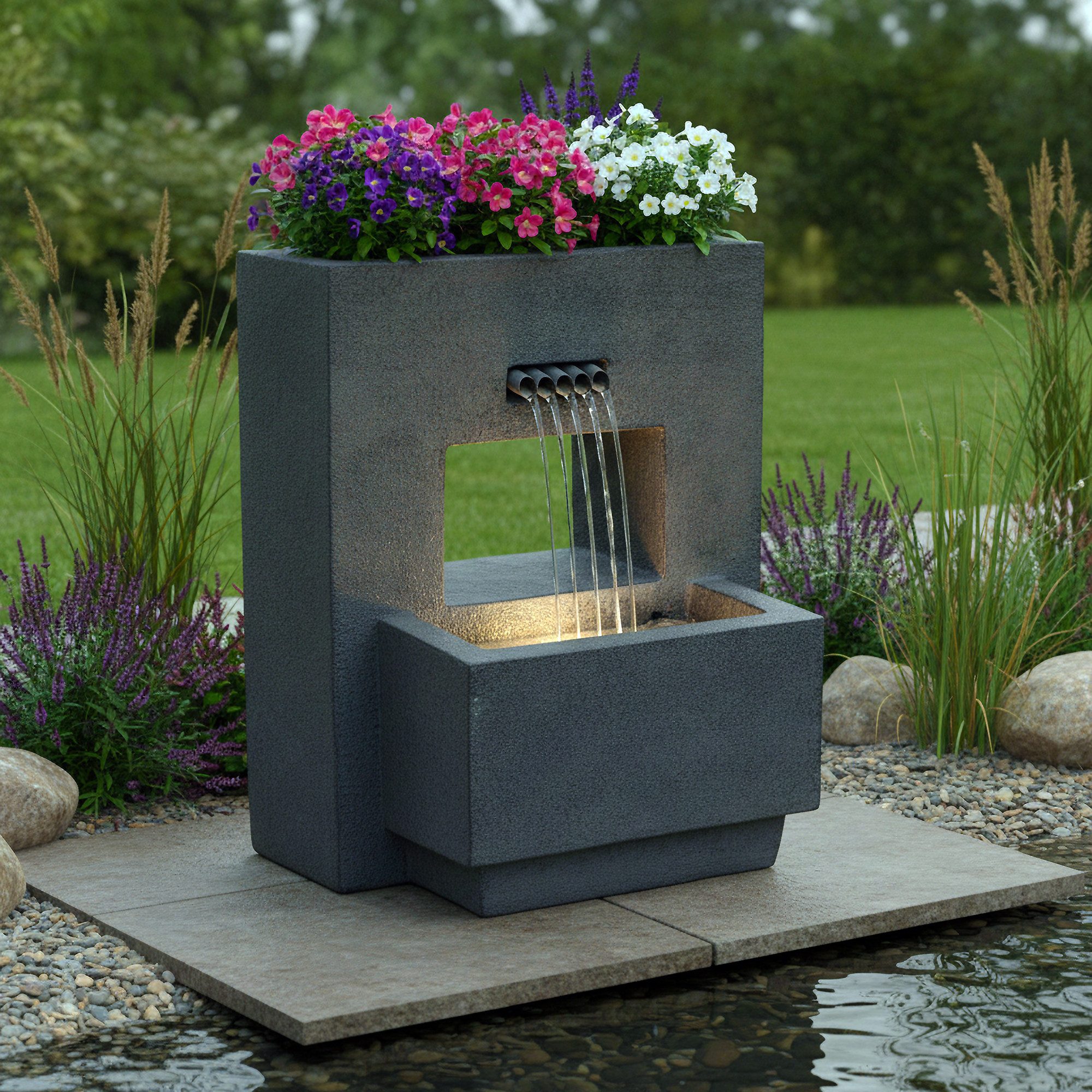 Arnusa Gartenbrunnen Springbrunnen mit LED Beleuchtung bepflanzbar 57x35x45 cm, Komplett-Set LED, Betonoptik – Bild 5 von 5