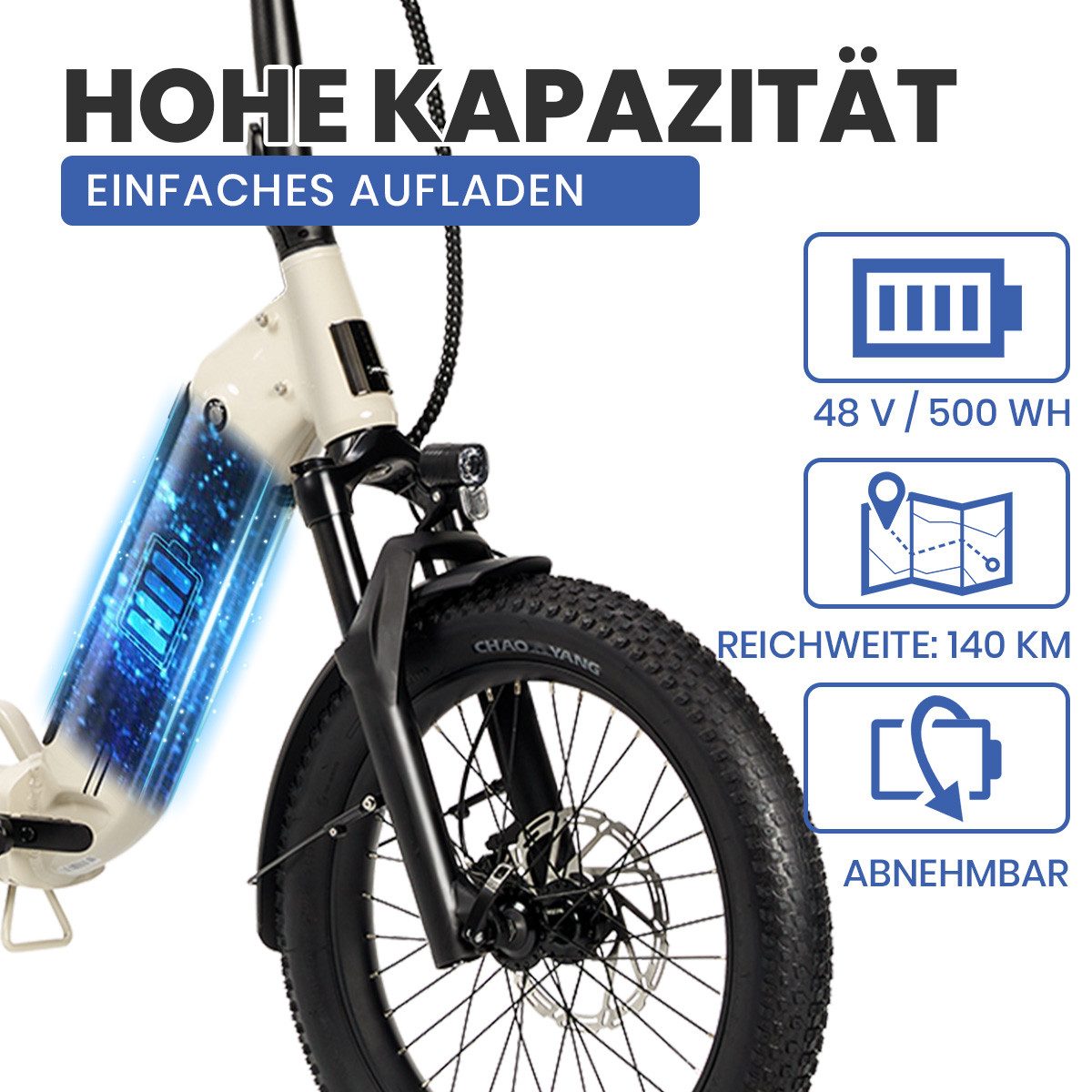 DERUIZ E-Bike Klapprad 20x3,0 Zoll, max. 140km, Federsattelstütze, mit Bluetooth, 5 Stufen, 8 Gang SHIMANO SHIMANO ALTUS 11-32T Schaltwerk, Kettenschaltung, Heckmotor, 500 Wh, (mit Werkzeug, mit Akku-Ladegerät), RH:36cm, Bremslicht, Gepäckträger (max.50kg), hydraulische Bremsen