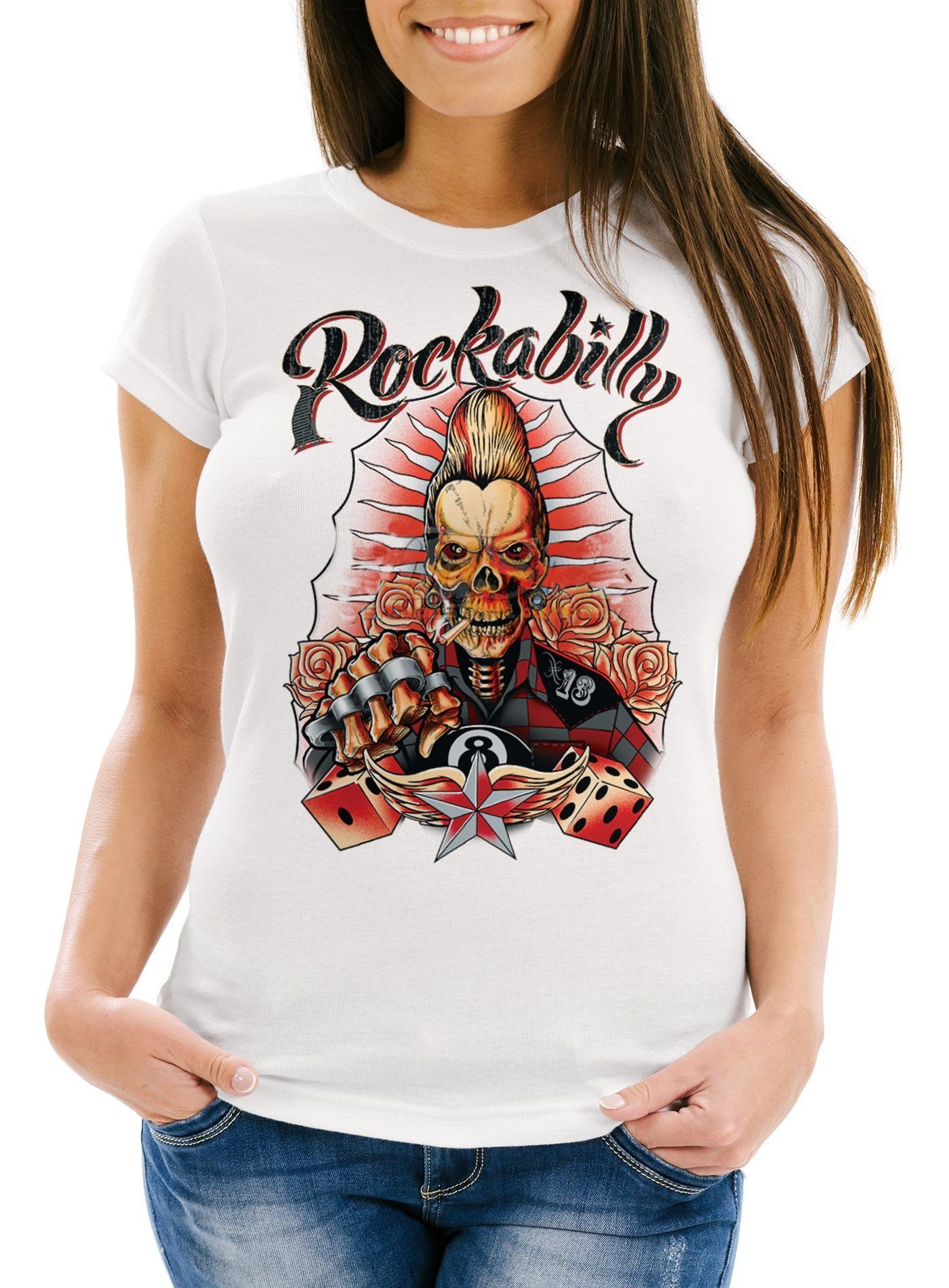 Neverless Print-Shirt Damen T-Shirt Rockabilly 8 Ball Skull Rock n Roll Würfel Slim Fit mit Print