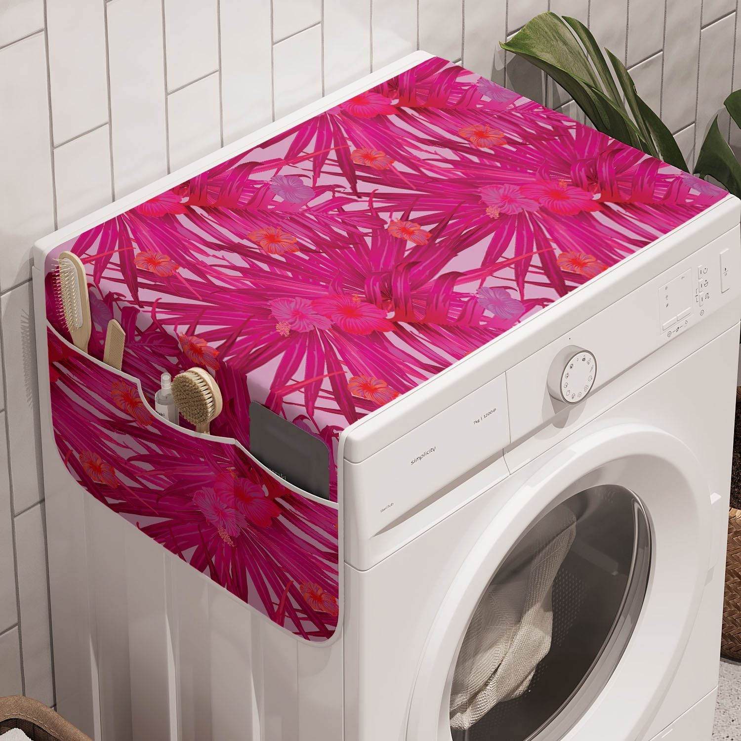 Hibiskus und Monstera Waschmaschine für Tropical Trockner, Magenta Badorganizer Abakuhaus Anti-Rutsch-Stoffabdeckung