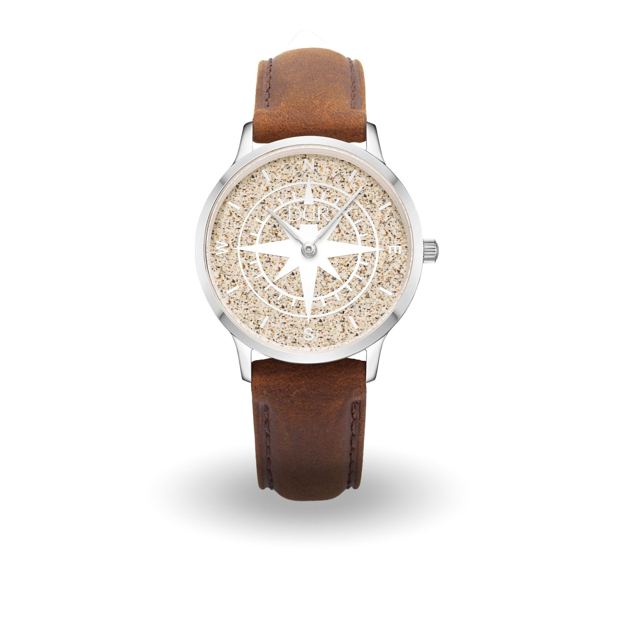DUR Quarzuhr Damenuhr DW001, 36 mm – Kompass-Design mit echtem Strandsand, & braunem Lederband – Symbolstarke Uhr für Abenteurerinnen