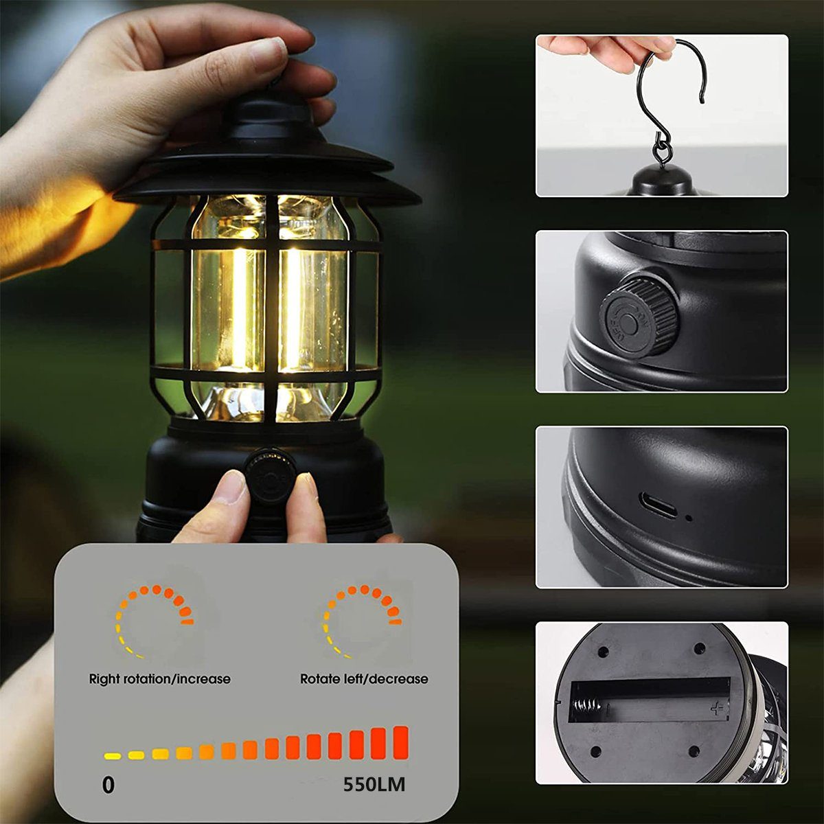 XDeer LED 3 Campingleuchte Campinglampe Campinglaterne, Schwarz AA-Zellenbetrieben Camping Aufladbar USB Stufenlose LED Gartenleuchte Dimmbar * für