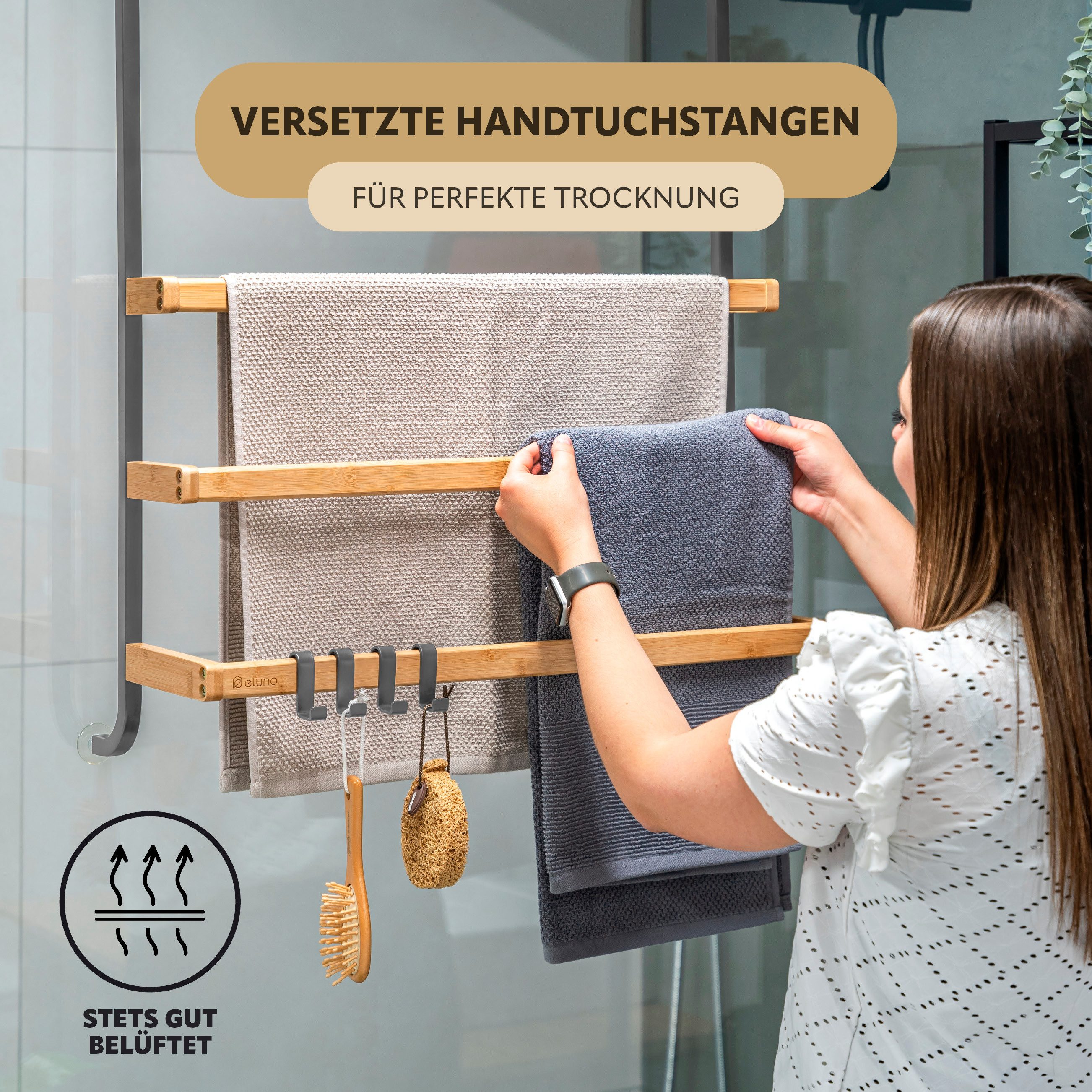 eluno Hängeregal Handtuchhalter für die Glasduschwand aus Metall und Bambus