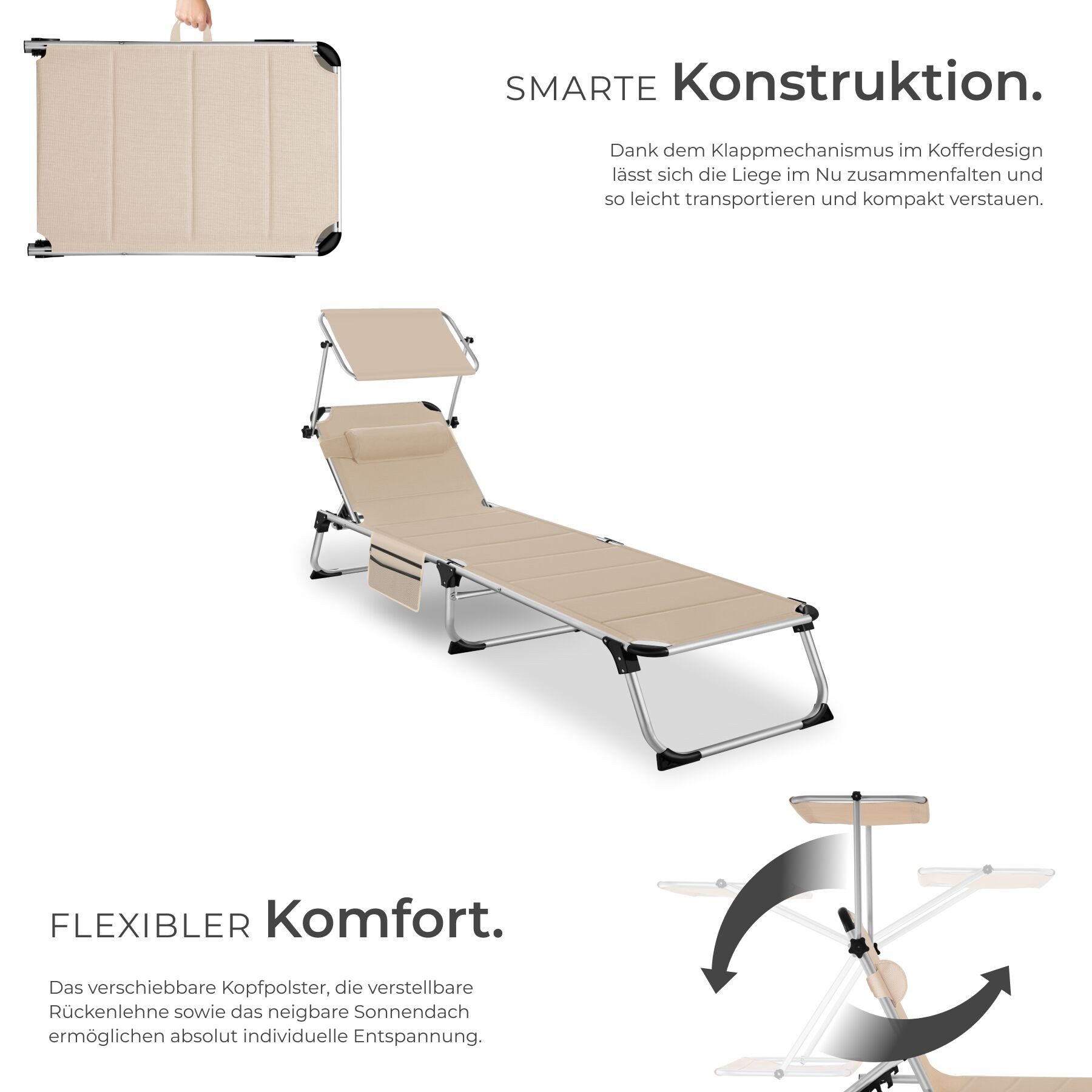tectake Gartenliege klappbare Aluminium Sonnenliege, 220 x 60,5 x 34 cm, mit, Balkonliege Lorella, 1 St., für Außen in Beige, gepolstert, wetterfest und UV-beständig, verstellbar mit Kopfpolster