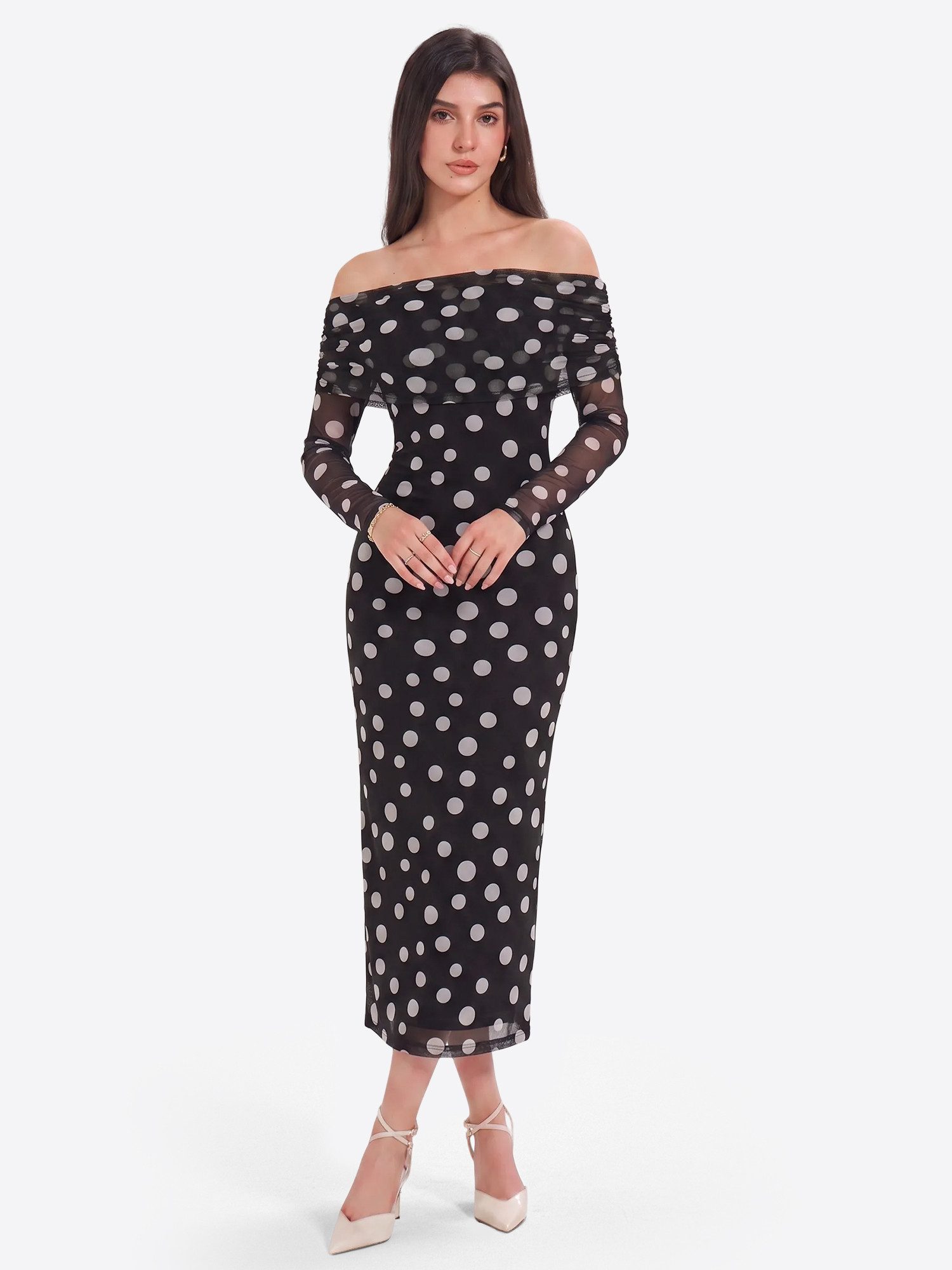 Imily Bela Maxikleid Damen Off-Shoulder-Kleid (Packung, 1-tlg., 1per-Pack) mit Punkten