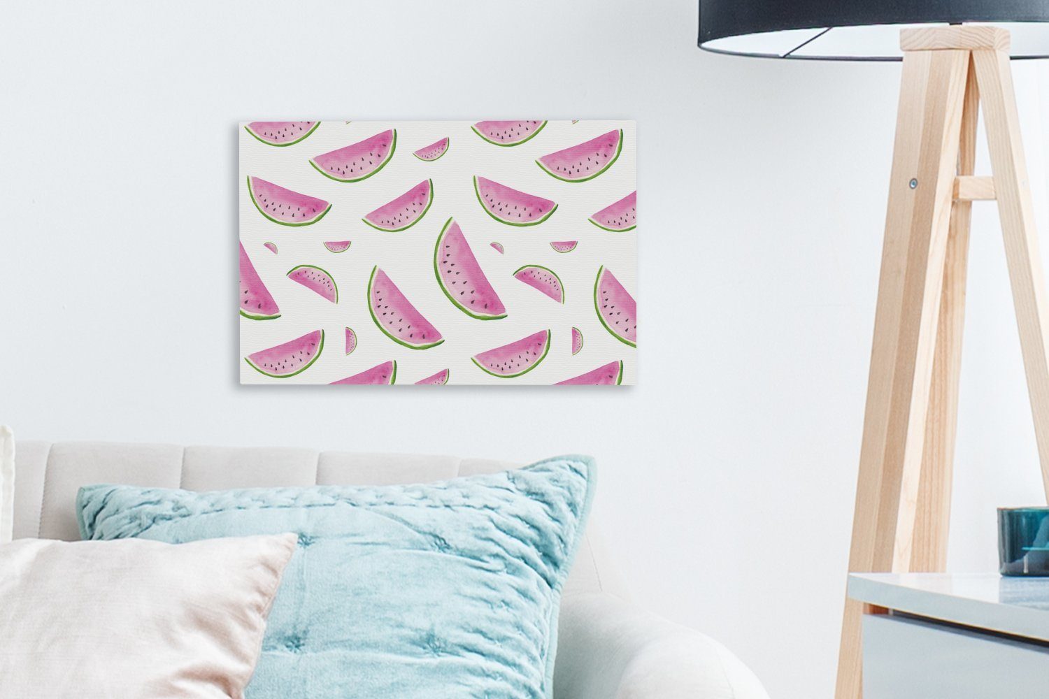 OneMillionCanvasses® Leinwandbild Wassermelonen - Weiß cm (1 Aufhängefertig, Leinwandbilder, 30x20 Wandbild Wanddeko, Pastell, - St)