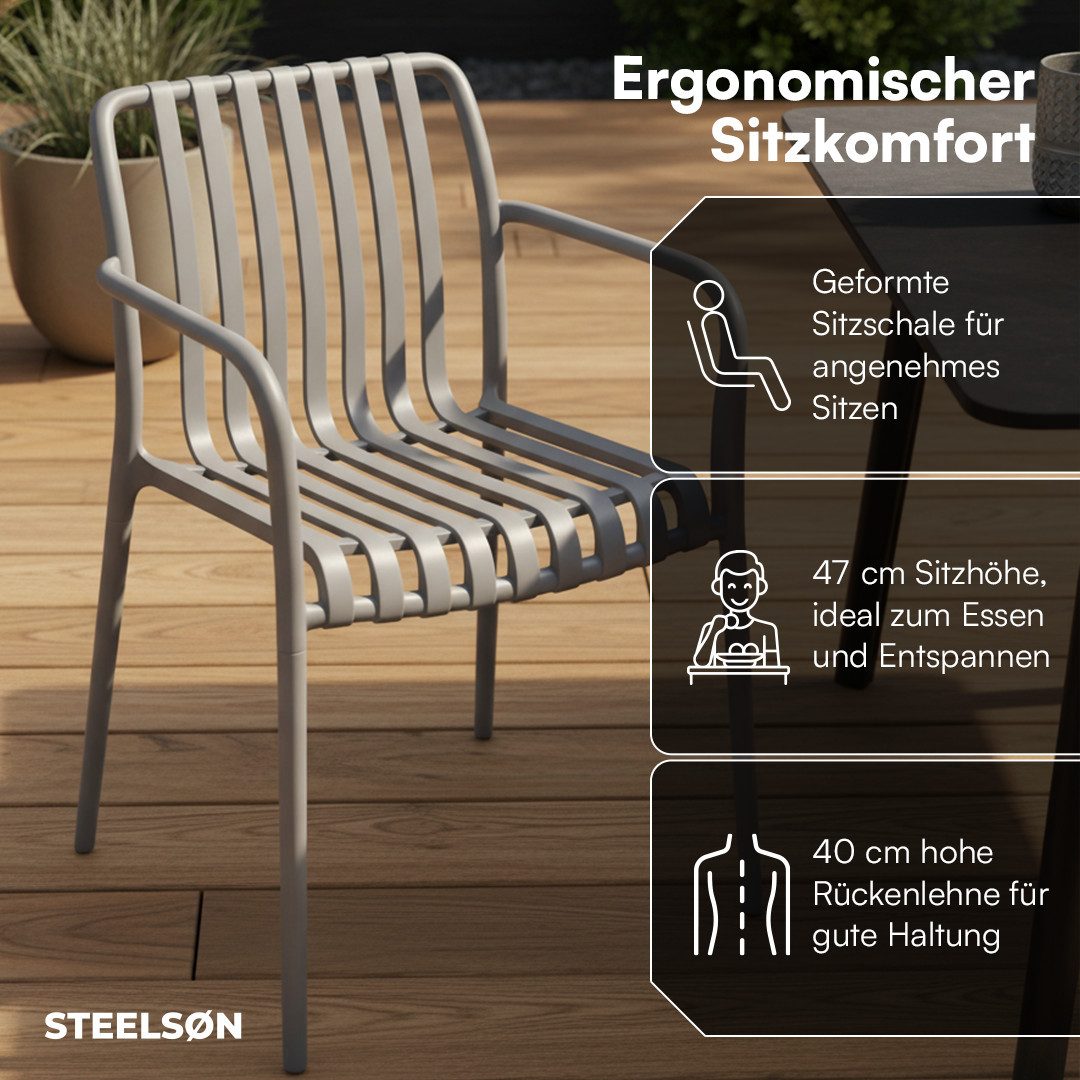 STEELSØN Gartenstuhl Pincoya wetterfest und UV-beständig (grau, 4er Set), stapelbarer Balkonstuhl Kunststoff, verfügbar als 2er/4er/6er Set