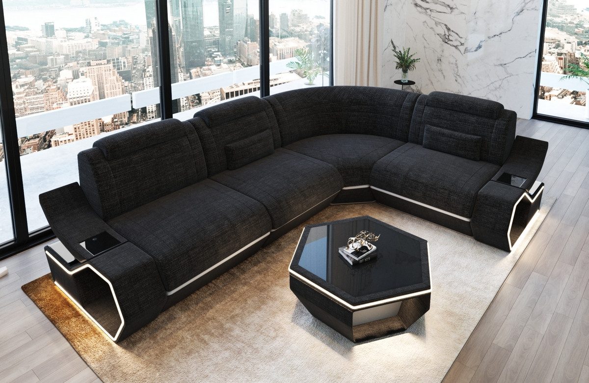 Sofa Dreams Polsterecke Pescara L Form Ecksofa, 4-Sitzer, Strukturstoff Schwarzgrau-Weiß, Ecke rechts, LED