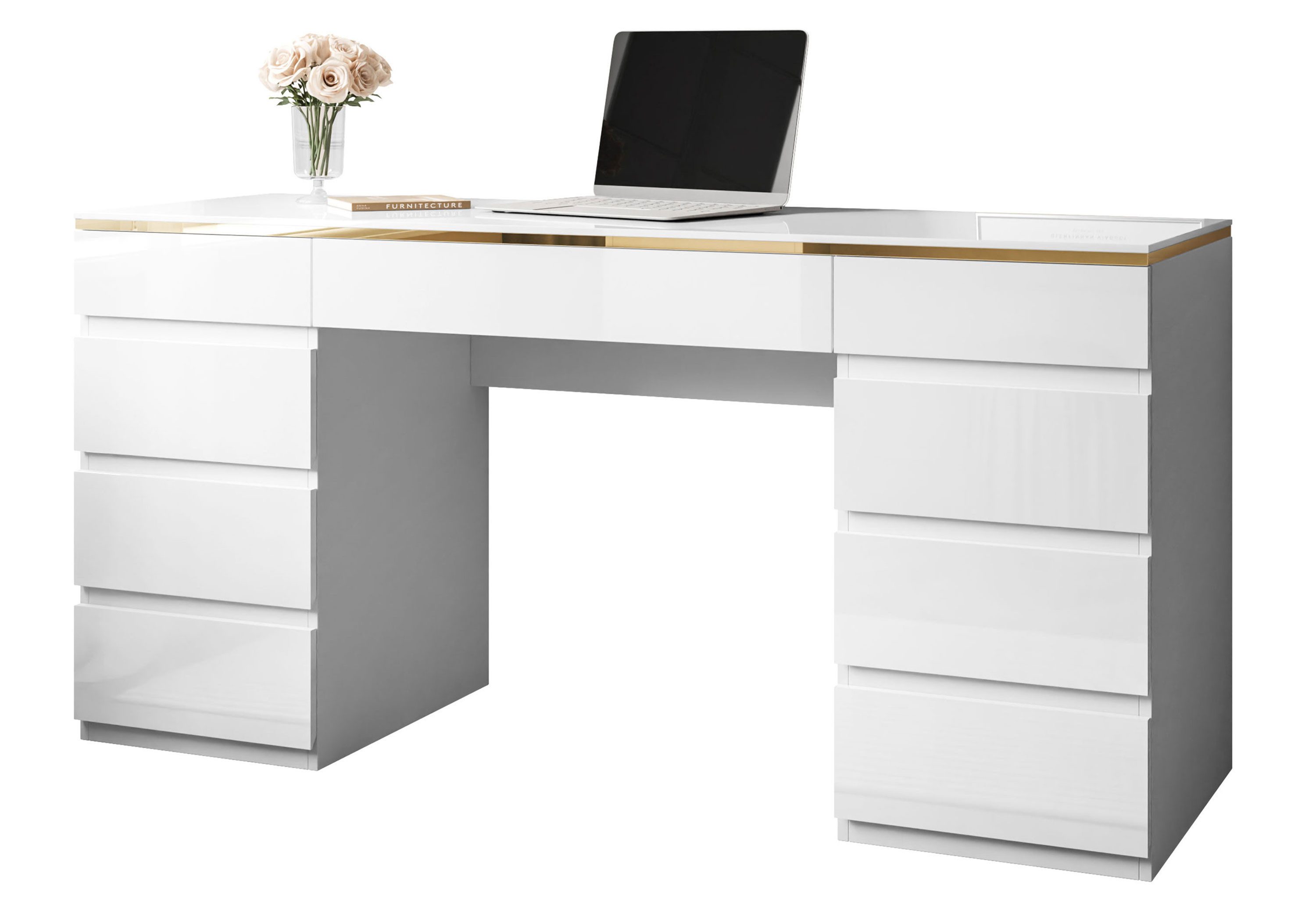Lookway Schreibtisch AURORA DOUBLE GOLD mit Schubladen (1x Schreibtisch), 156,8x79,2x55 cm