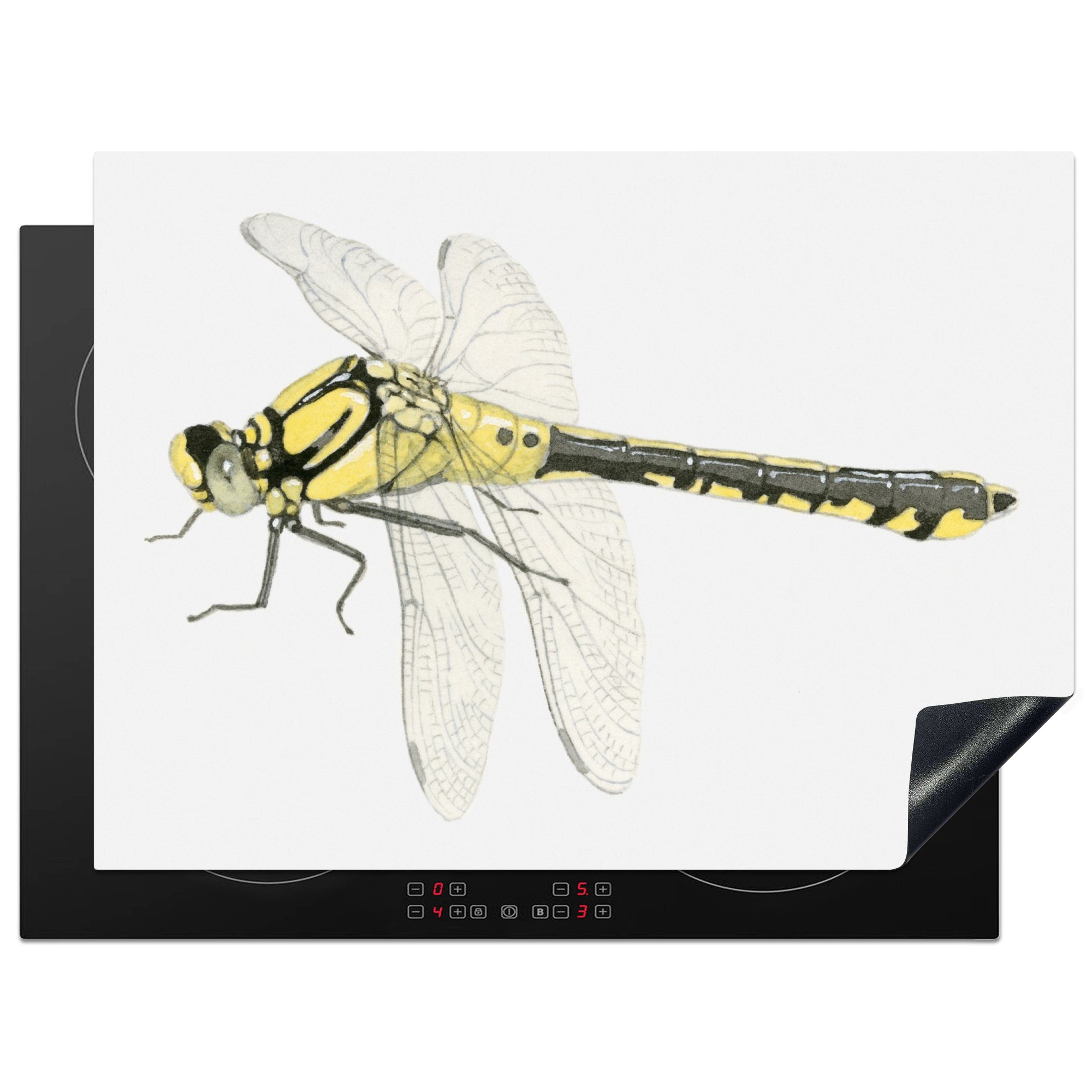 MuchoWow Herdblende-/Abdeckplatte Eine Illustration einer gelben Libelle auf einem weißen Hintergrund, Vinyl, (1 tlg), 70x52 cm, Mobile Arbeitsfläche nutzbar, Ceranfeldabdeckung