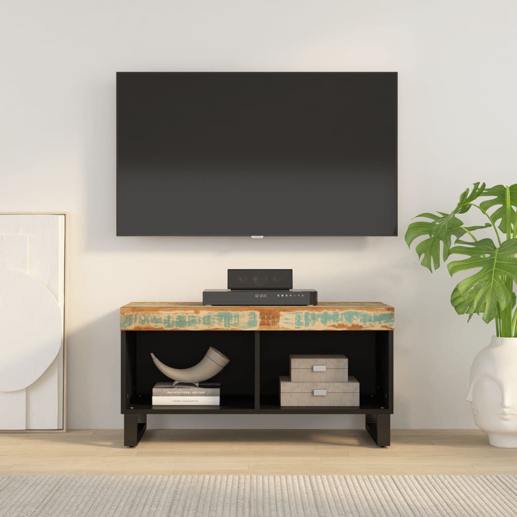furnicato Media-Regal TV-Schrank aus Massivholz & Eisen 85x33x43,5 cm, bunte Farbgebung, 1-tlg., Stabiles Lowboard mit viel Stauraum für Medienträger und Geräte