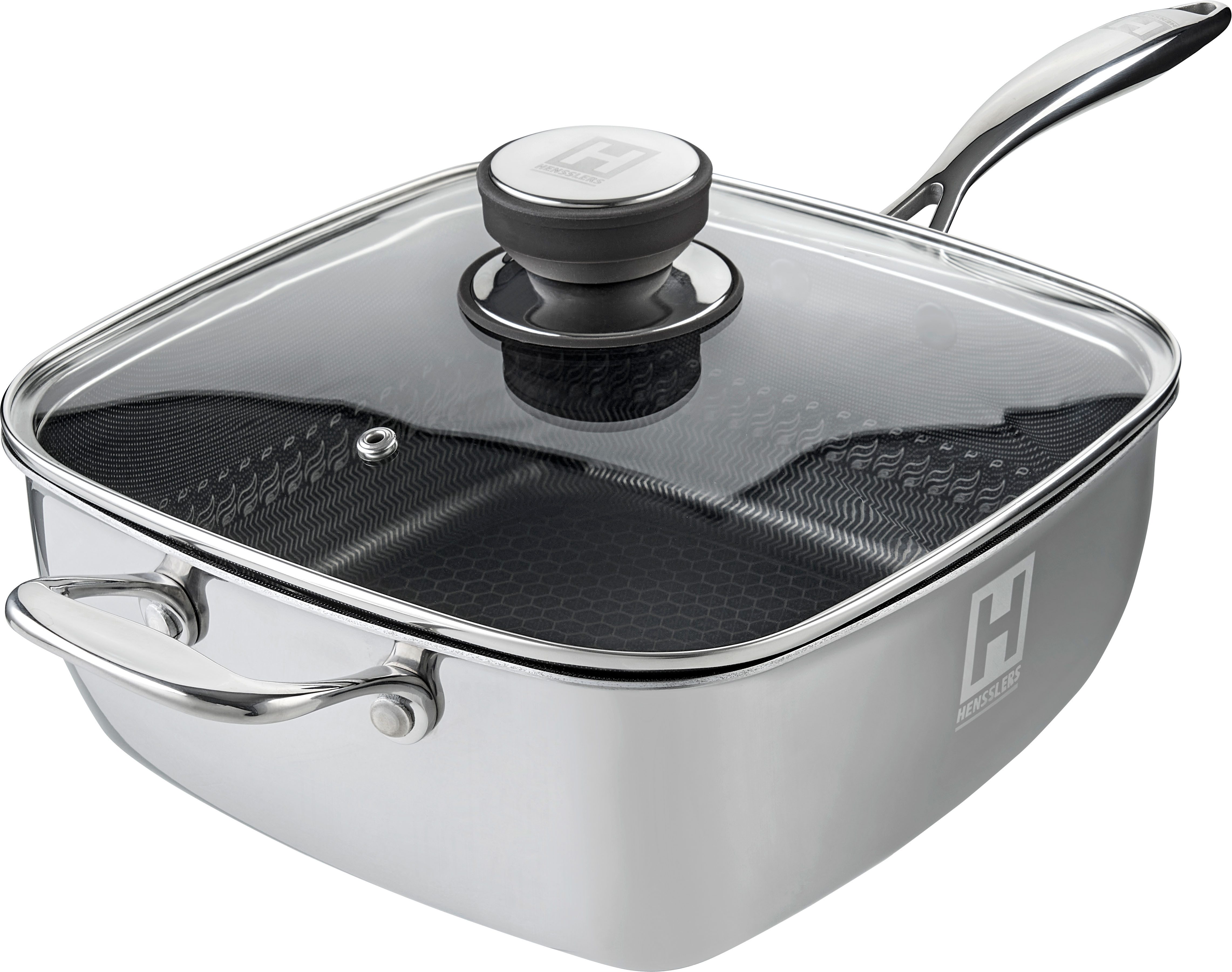 HENSSLERS Servierpfanne HENSSLERS Edelstahl Viereck-Hochrandpfanne mit Glasdeckel, Edelstahl (4-tlg), inklusive Dünst- und Grilleinsatz