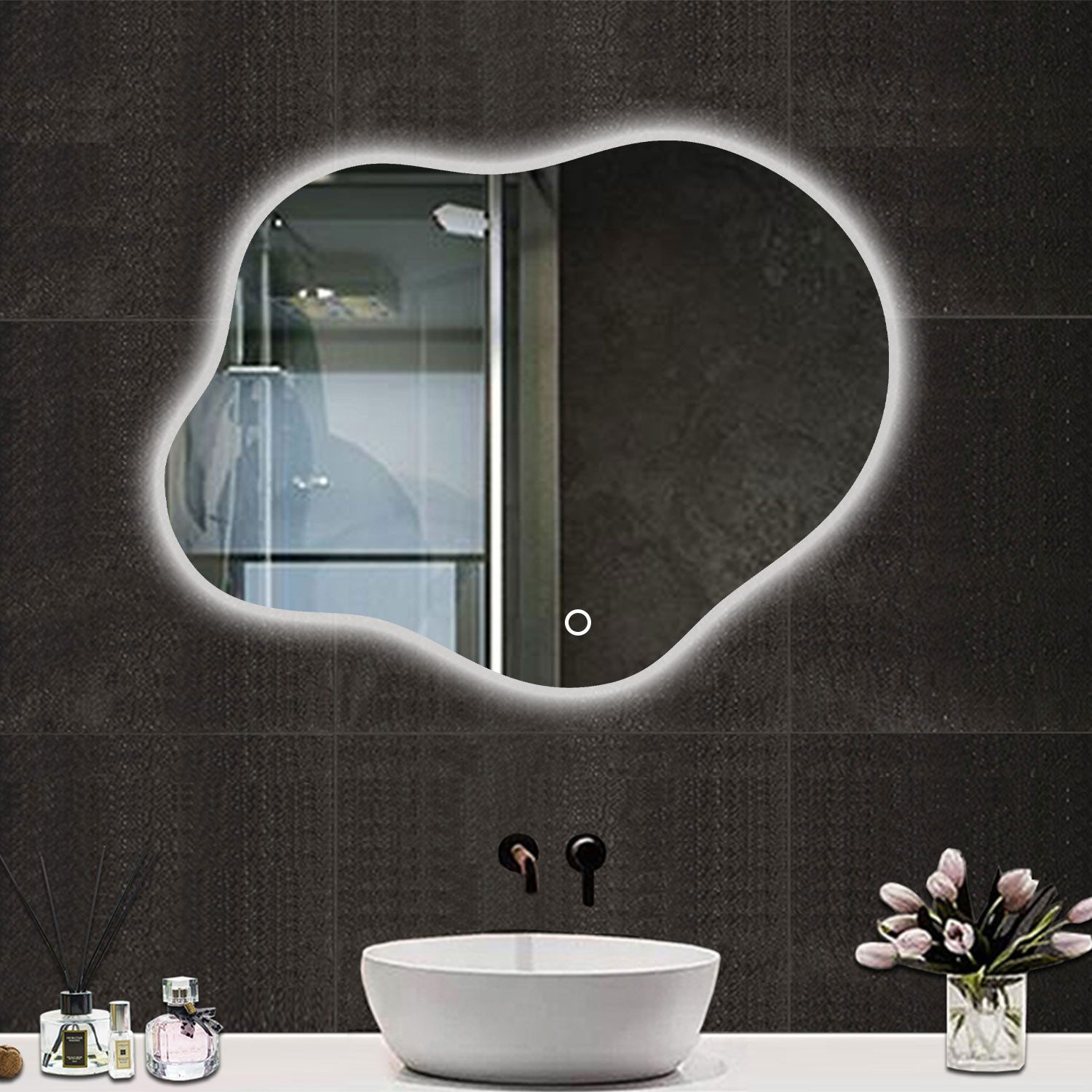 duschspa Badspiegel Spiegel mit Beleuchtung wandspiegel Asymmetrisch Dekospiegel (Wolke), Netral/Warm/Kaltweiß, Beschlagfrei, Touch+Wandschalter, Dimmbar