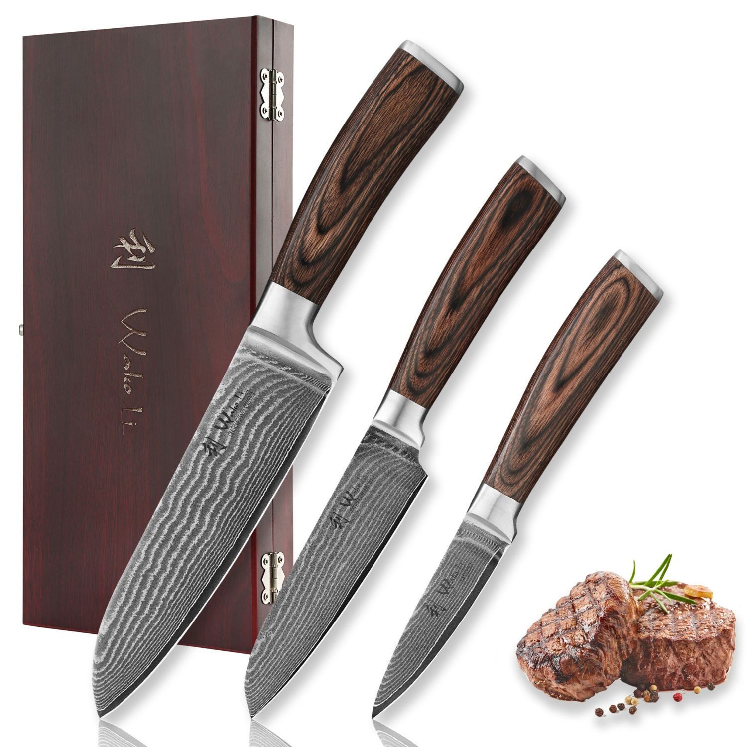 Wakoli Ножи-Set Edib 3er Damastmesser-Set I Поварские ножи Küchenmesser I 8 -17cm Klingen (Küchenmesser Set in Holzbox, 3-tlg., 1x Santoku; 1x Santoku klein; 1x Ножи для очистки овощей), VG10 Kern,langanhaltende Schärfe,ergonomischer Griff