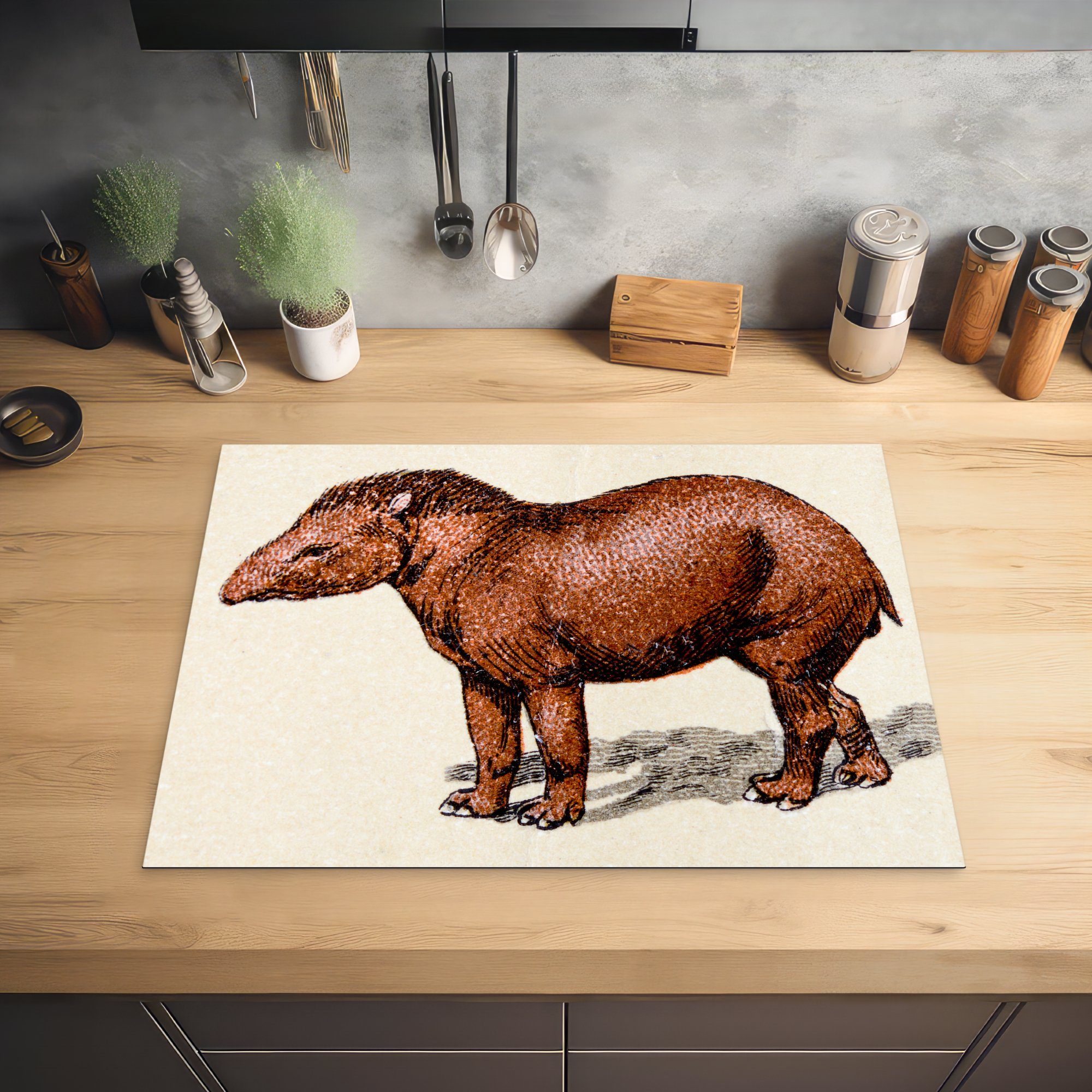 Illustration nutzbar, Mobile Arbeitsfläche tlg), MuchoWow (1 70x52 braunen eines cm, Herdblende-/Abdeckplatte Ceranfeldabdeckung Tapirs, Vinyl,